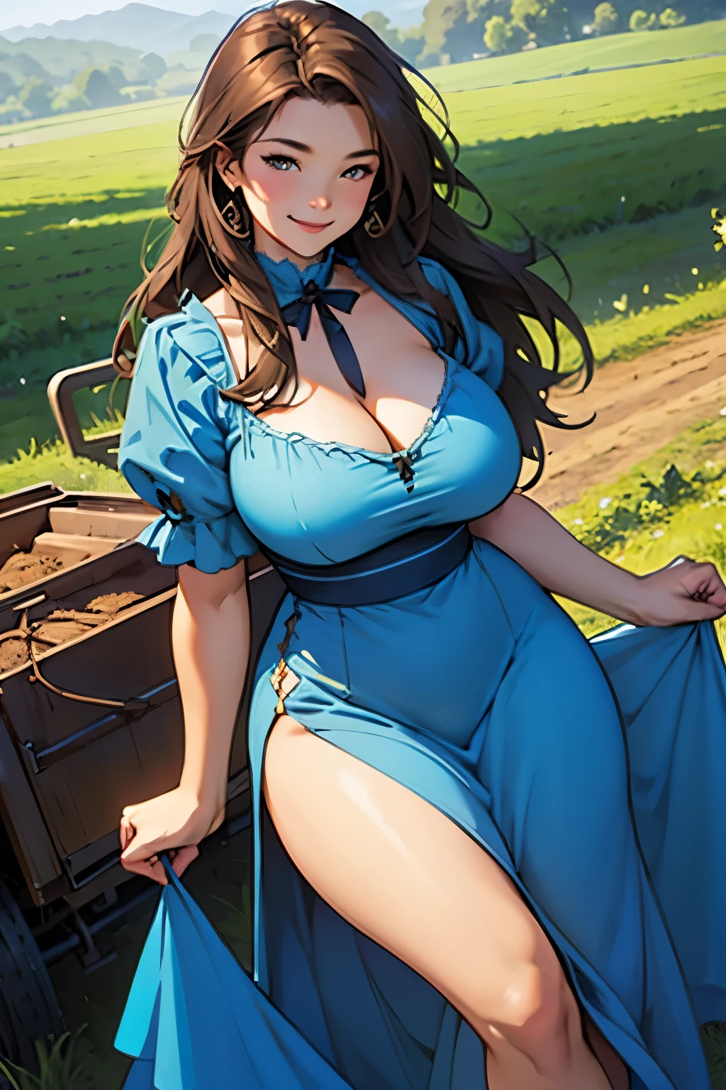 1woman, (big breasts), wide hips, blue dress, smiling, long brown hair, farm background