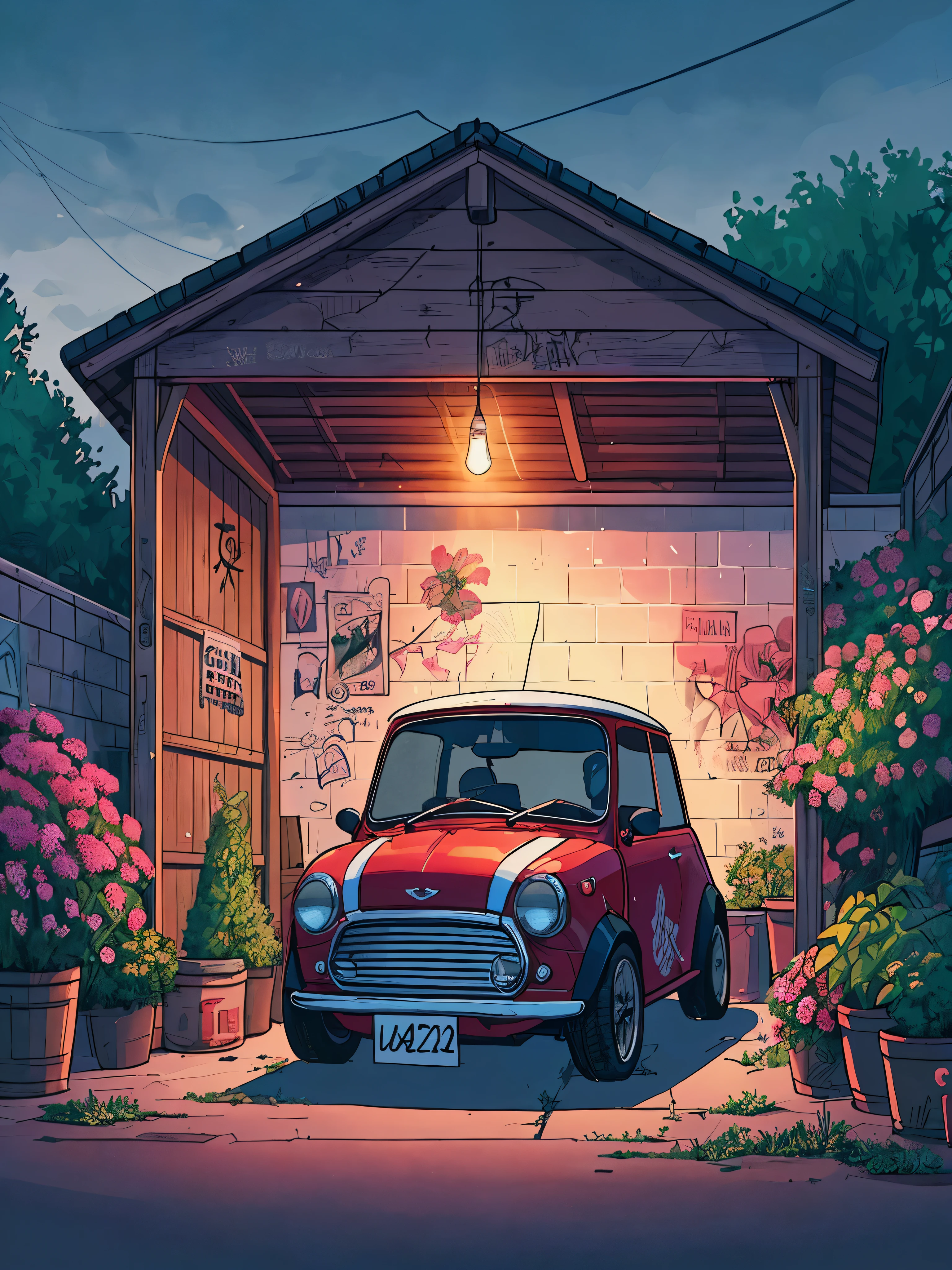 Draw an anime simple art scene of an red mini cooper parked under a wooden shed with graffitis, cracked walls, flowers in pots, single light bulb hanging, late evening, cloudy sky, no human, vibrant color tones, dim light