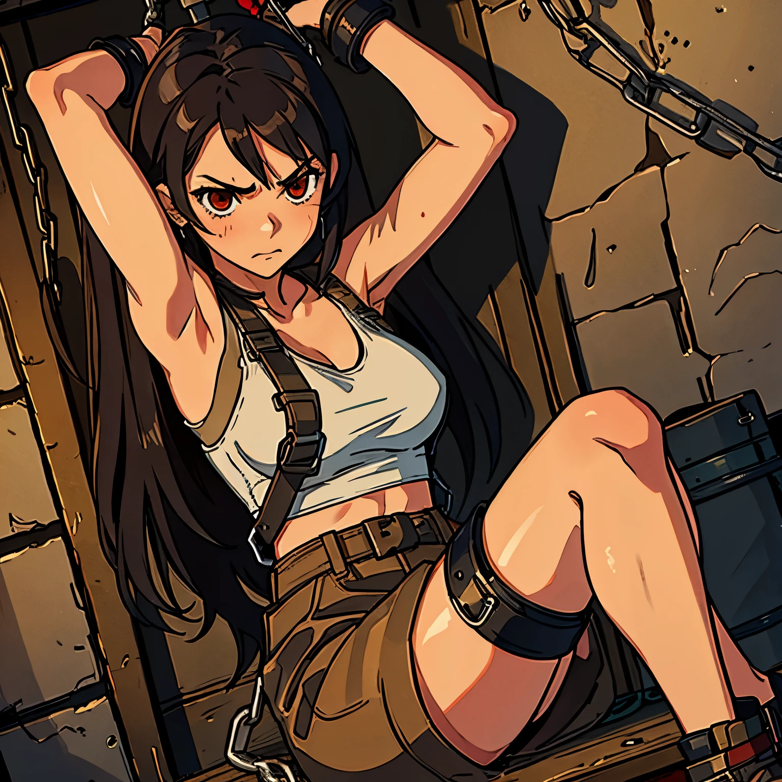 high quality, high resolution, extreme detail, masterpiece, tifa Lockhart, tied up by chain,arms up, in the basement,,bondage, (restrained), mud, angry, 