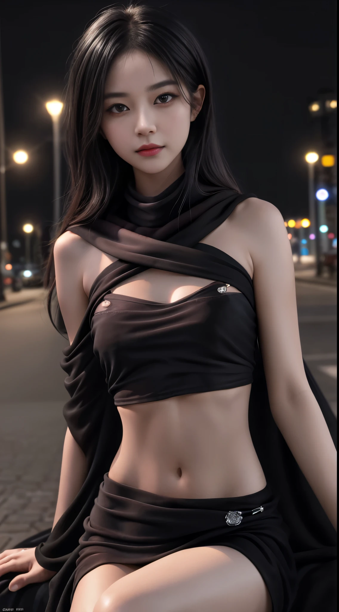 (8k, masterpiece, best quality), ultra-detailed, detailed beautiful round eyes, beautifully detailed face, high quality, high resolution, 1 girl, small breast, (black cloth:1.5), (bare waist:1.5), nighttime, night park background, sitting,