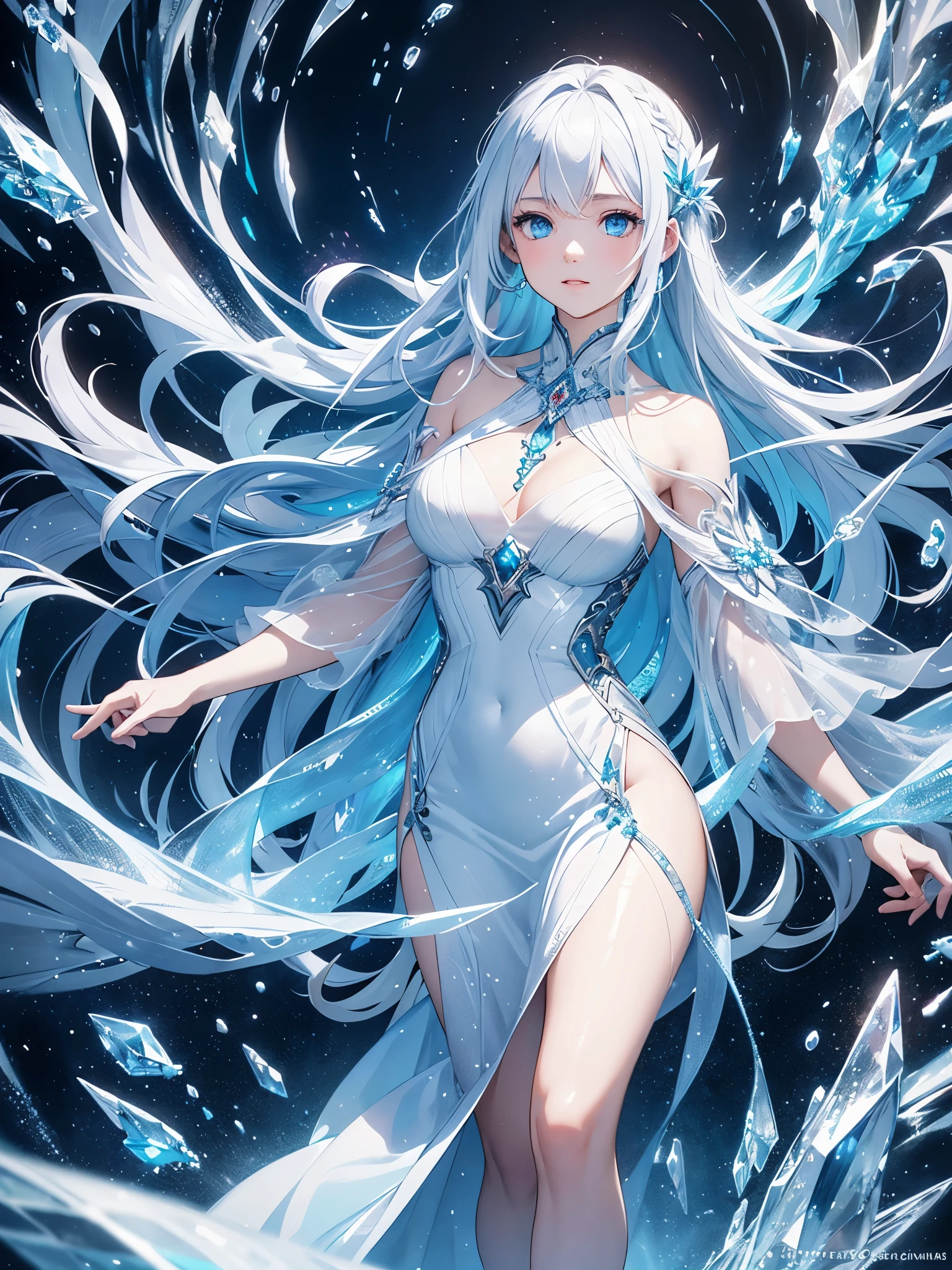 Half body, headshot. Step into a captivating scene featuring one young lady with very long white hair braided and blue eyes, as vibrant ice particles ignite the air around her, creating a dazzling and dynamic atmosphere. Crafted with exquisite detail crystal ice dress and rendered in breathtaking 10k high resolution, The creative lighting style bathes her in a radiant, icy glow, harmonizing with the swirling ice particles. this masterpiece blends the art mediums of digital illustration, crystal effects, particle simulation, and post-processing techniques. Drawing inspiration from the styles of Anime, Mystical Realism, and Contemporary Surrealism