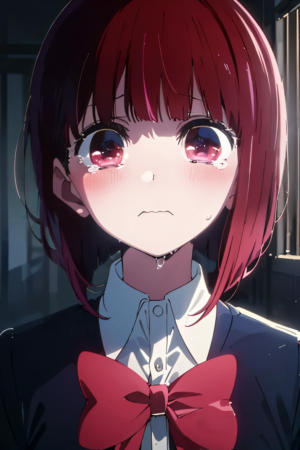 master piece, best quality, 超High resolution, highest quality, anime style, best writing, beautiful face, (masterpiece, highest quality, High resolution),
Kana Arima \(Shinobu&#39;s child\),
tears, Are crying, sorrow, sad, dark background,uniform