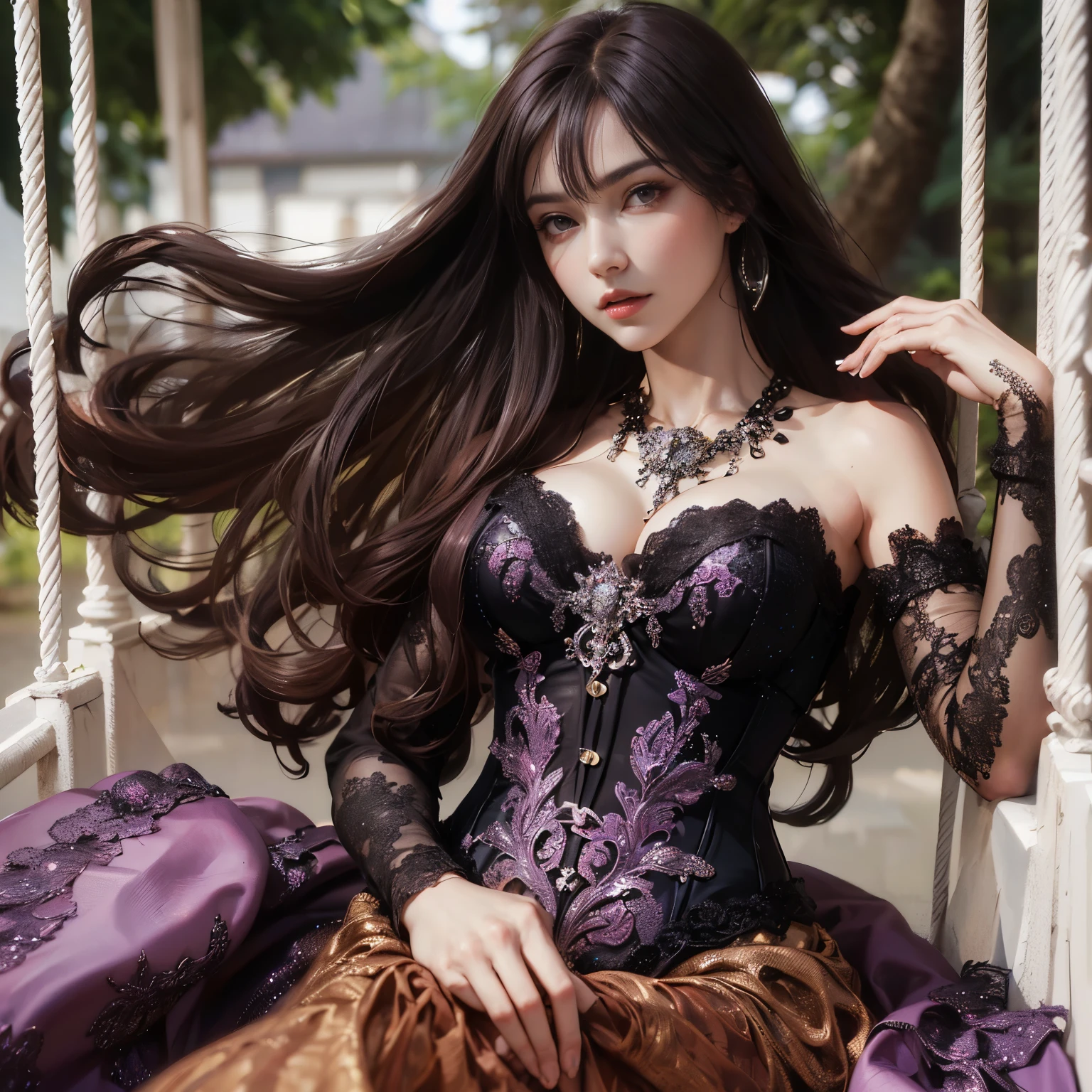arafed woman with bustier gigantic breast in a corset and dress in front of a building, wearing an ornate outfit, ornate dress, intricate dress, elegant corset, ornate and elegant, extravagant dress, inspired by Hedi Xandt, ornate attire, intricate outfit, ornate royal gown, ornate clothing, ornate gown, intricate and elegant, intricate detailed dress, ornate , royal dress, masterpiece, best quality:1.2),,(8k,highres,RAW photo,realistic,photo-realistic:1.3),(detailed skin texture,detailed cloth texture,beautiful detailed face:1.25),professional lighting,photon mapping,beautiful soft light,radiosity,physically-based rendering,raytracing, model shoot style, model shoot style, (extremely detailed CG unity 8k wallpaper), full shot body photo of the most beautiful artwork in the world,