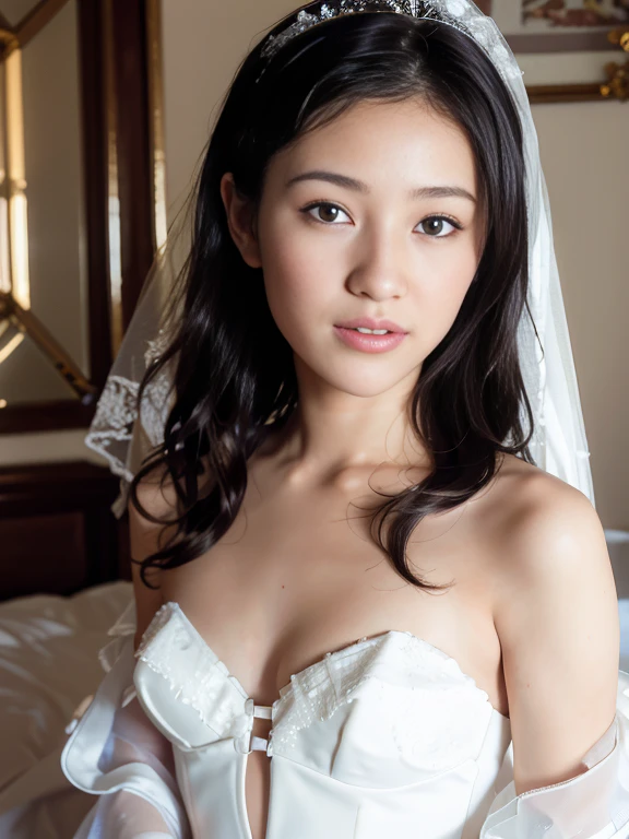 (masterpiece: 1.4), (hyper realistic: 1.4), (best quality, 16k, 32k, masterpiece, UHD: 1.2), dainty Japan herself female photo, one young girl, double eyelidig: 1.2), sexy bride, (pure sheer white wedding dress, wedding veil)), (deep slit: 1.2), (smile: 1.1), Off-shoulder, ((in bedroom)), cleavage cutout, (sideboolose to viewer), (natural light)