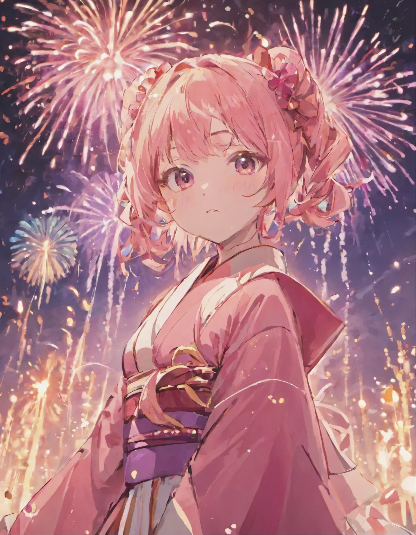 Cute and hot anime girlfriend with a tall pink tied hair and pink kimono under fireworks in a festival at night