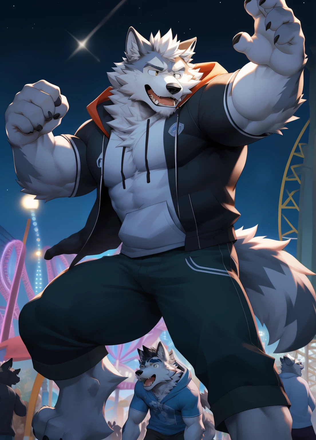 hairy，（（Wolf，white hoodie）），white fur，male，Common，（（极其lifelike阴影，masterpiece，Very detailed，lifelike）），
（（Cat）），Physical man，dynamic poses，dark night，amusement park