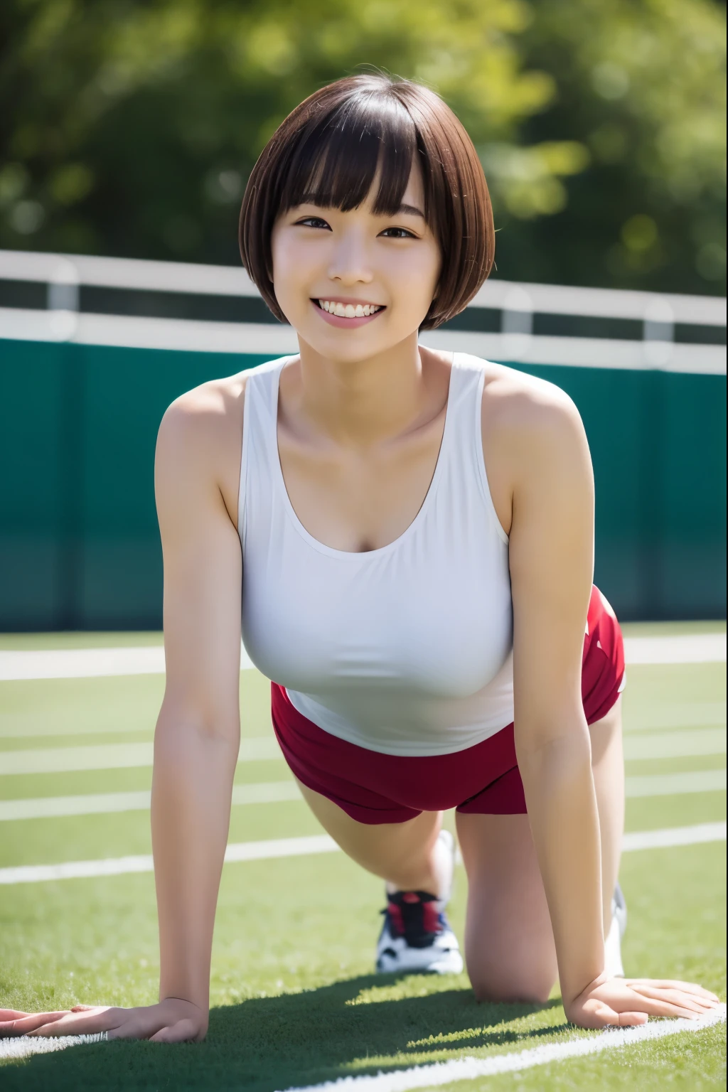 back focus,at the track and field stadium, japanese plump lady,((gigantic hip)), smile, pale skin, droopy eyes, 20 year old, bowl cut hair, back shot, ((green running wear)), ((all fours)), high quality:1.3, Worm’s Eye View 2.0, Professional lighting:2.0 realistic:1.2, 4k resolution, detailed skin, masterpiece:1.1