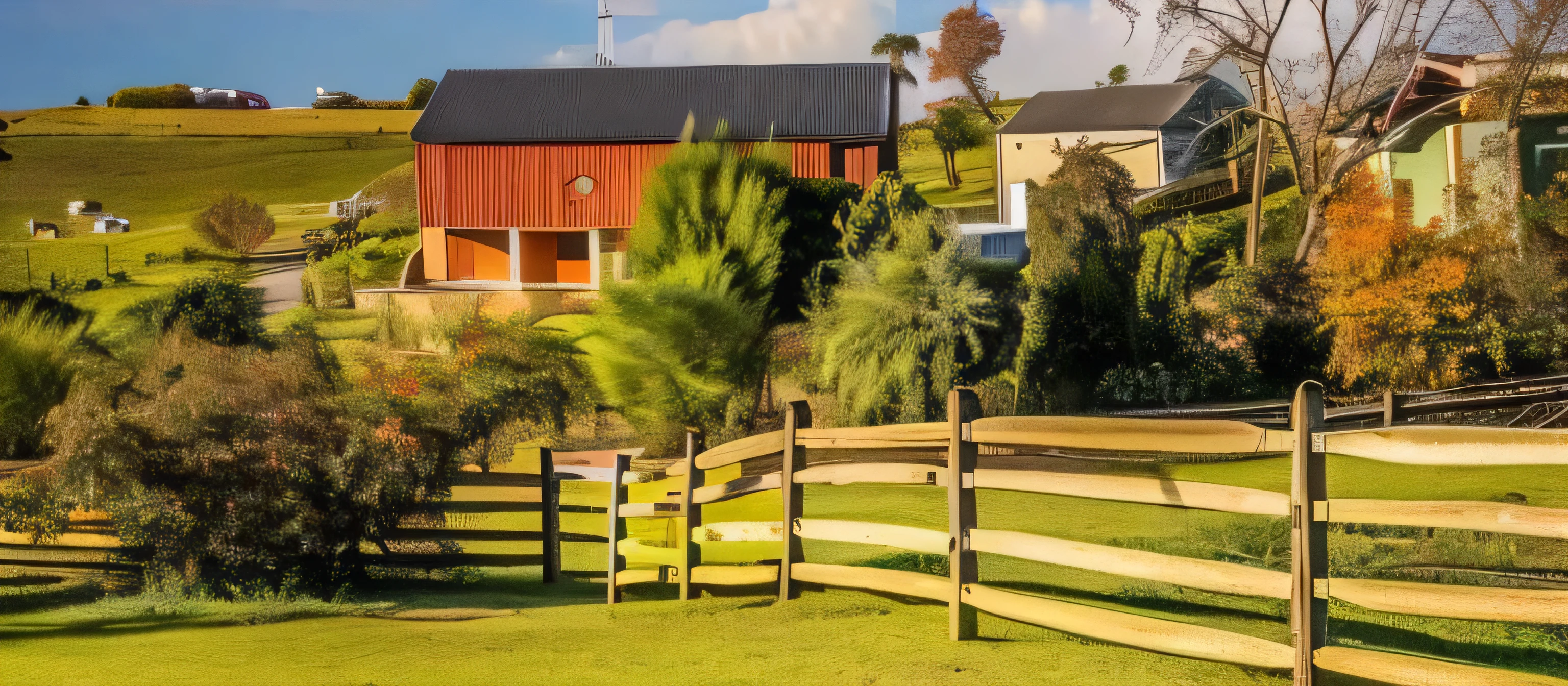 PAISAGEM LINDA, COMUMA CASA VERMELHA, CERCA AO REDOR, MATA VERDE, CEU AZUL