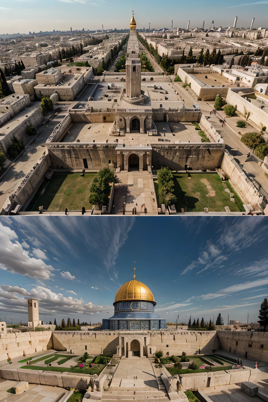 A comparative image between an organized Jerusalem temple and a Jerusalem temple filled with the Holy Spirit, ultra detalhado, ultra detalhado background, 8k