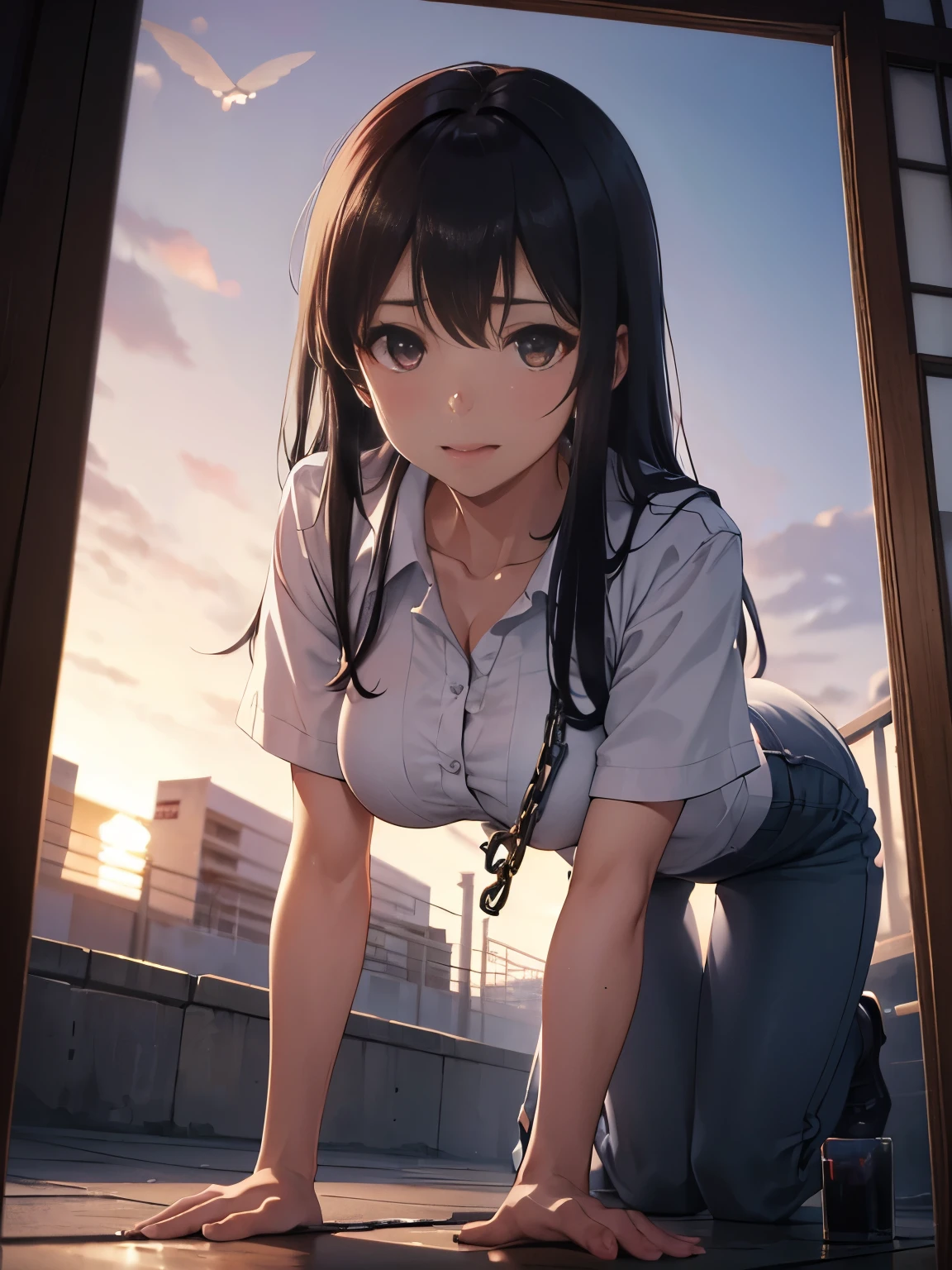 on all fours,(Crawling on all fours),(crawl on hands and knees),crawl on hands and knees,kneeling position,Posture with butt sticking out,((stick out tongue)),((drooling)),Upper grades,(collar with chain), handcuffs,地下prison,(prison),prison,prison,in a cage,From above,surrealism, Breasts F/1.2, Breasts Fuji Breasts Film, 35mm, 8K, Super detailed, ticker, debris flies, rough skin, high quality, 最high quality, hard disk