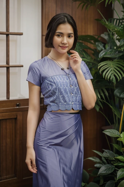 (realistic:1.3), insane detailed, quality, (masterpiece:1.2), (photorealistic:1.2), (best quality), (detailed skin:1.3), (intricate details), ray tracing, ((half body)), (((1girl))), (((1 person))), 20 years old, short hair, smile, blue dress, skirt with pattern, color contrast between the dress and the skirt, skirt pattern, earrings, necklace, Javanese ornament, (blurred background)
