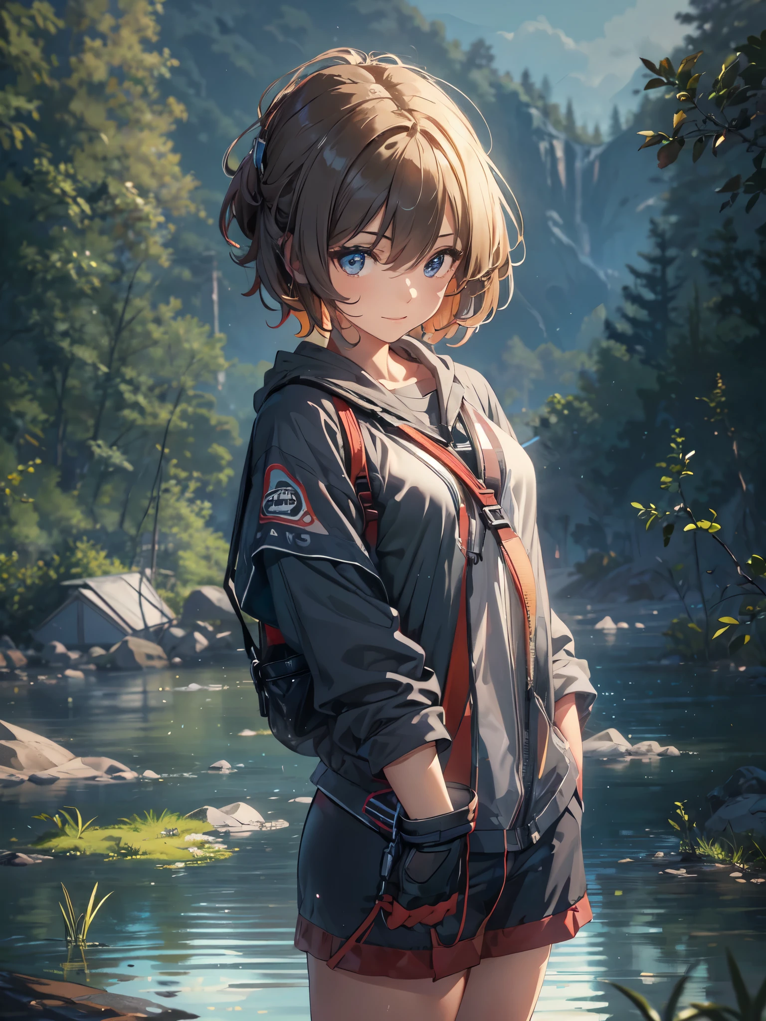 solo, woman, mountain climbing clothes, camp site, lake, fog, beautiful sky, detailed clouds, warm lighting, short hair, shiny hair, light smile, dark eyes, detailed beautiful face and eyes, cinematic lighting, jpeg artifacts, Eye-Level Shot, drop shadow, depth of field, atmospheric perspective, tachi-e, hyperlealism, masterpiece, retina, accurate, best quality, highres, 8K, super detailed