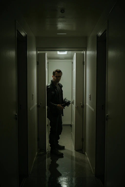 cinematic, Shot of James entering the hidden safety bunker behind his closet - Use this shot to build suspense and intrigue for what lies inside. cyberpunk