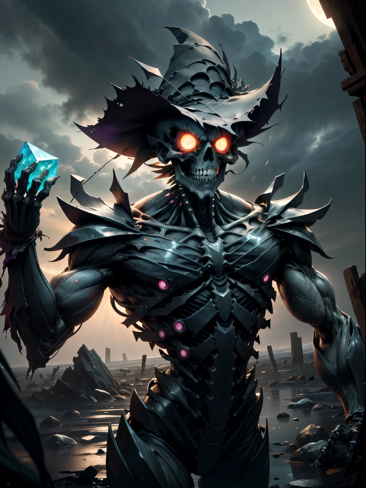 Stunning illustration, zombie multicoloured-crystalman emerges from the darkness with a skeletal, decomposed figure, ahora desgastado y desgarrado. Their pale, decomposed skin shows visible bones in some areas, while muscles, mostly consumed, apenas sostienen su estructura. Sus ojos, una vez vivaces, now they are empty and opaque, surrounded by dark circles that accentuate their macabre nature.El traje, manchado de sangre seca y mugre, cuelga de su cuerpo en jirones, revelando hueso y carne muerta en varios puntos. Aunque su aspecto es espeluznante, Arachnid agility is still discernible in its hunched posture and in the remains of cobwebs clinging to its multicoloured body..paisaje nocturno y siniestro, con una luna llena brillante pero distorsionada, rodeada de nubes ominosas y tormentosas. Faint rays of light filter through the clouds, bathing the zombie Black multicoloured-crystalman in spectral illumination.