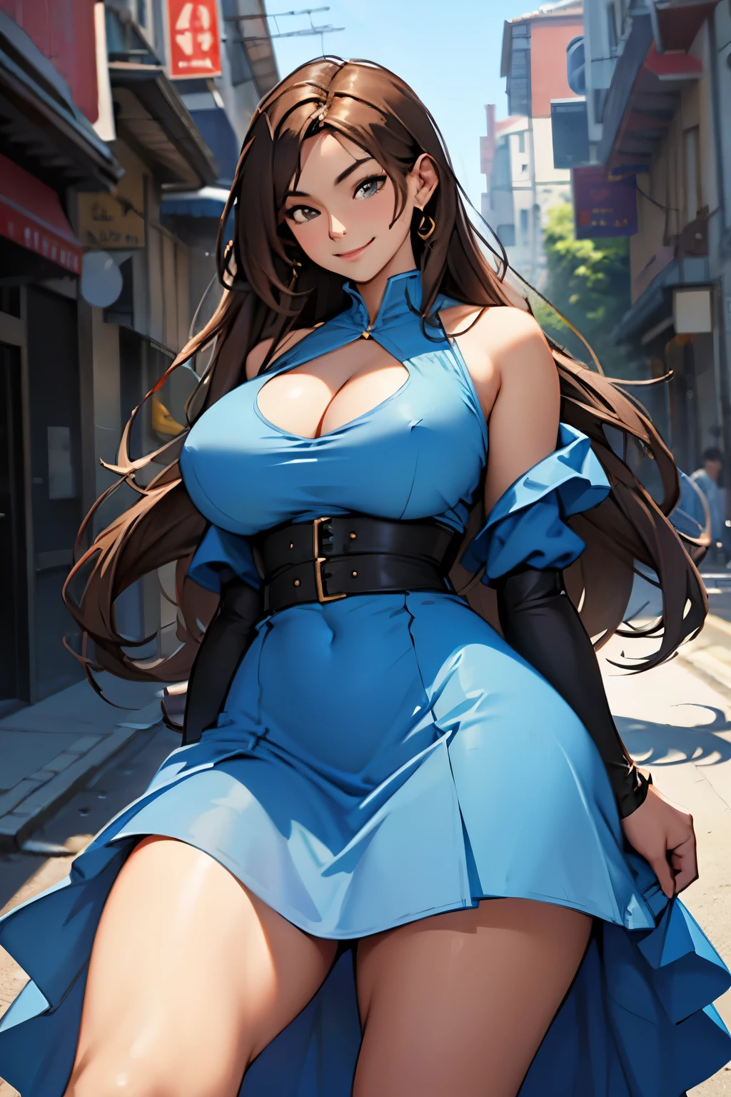 1woman, (big breasts), wide hips, blue dress, smiling, long brown hair