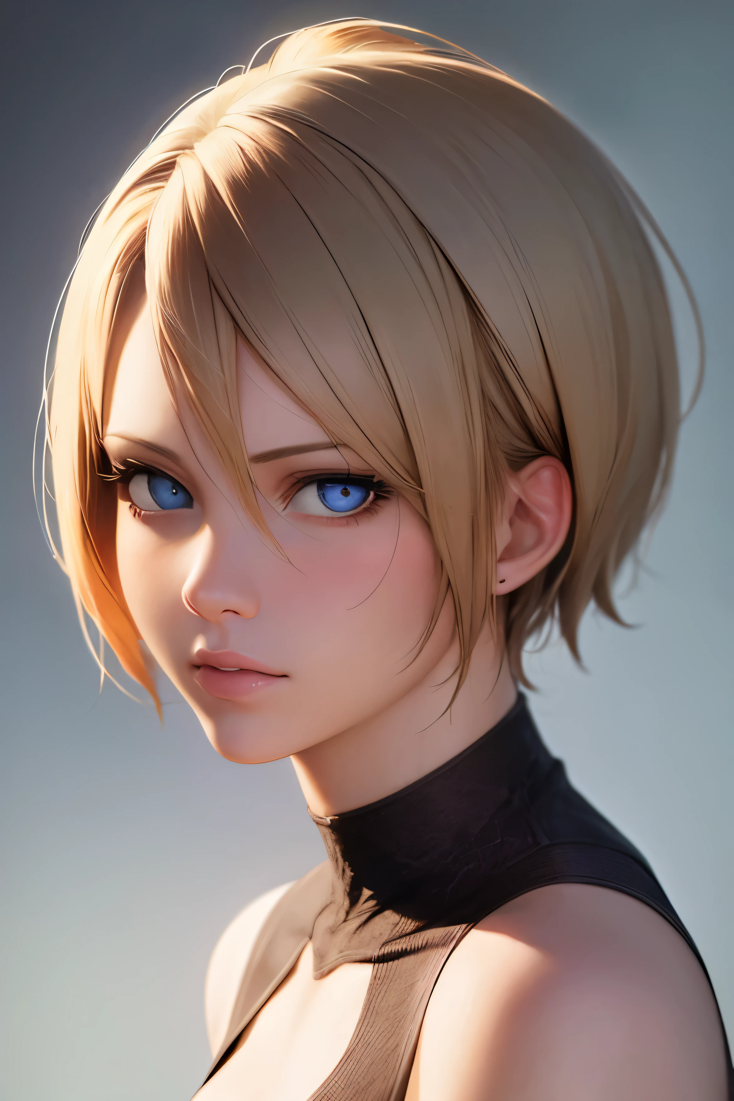 High resolution, 2D Anime Style,,Blue Eyes Beautiful Eyes,A tall and beautiful nose,Thin face,Boyish blonde short hair,Cool woman,Beautiful earrings,Beautiful Watches,Soft big breasts,She looks very sad,She is smiling so much,bite&#39;lips,blush,She narrows her eyes,Belly-revealing fashion,She is wearing a fluffy bathrobe.,,Sitting on the bed,Bedroom at night,London cityscape