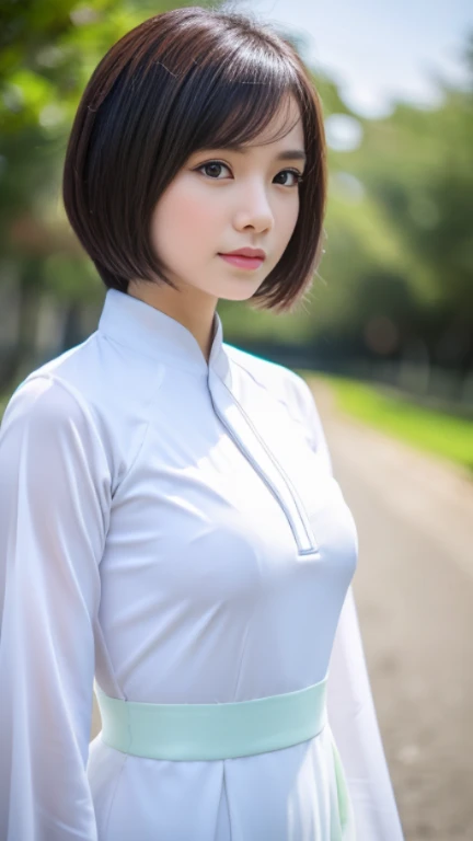 best quality, muste piece, ultra high resolution, (It&#39;s photorealistic:1.4), Raw photo,big bust,Vietnamese national costume,Plain Ao Dai,pure white ao dai,young woman,Japanese,No makeup,Cool Beauty Woman,short hair