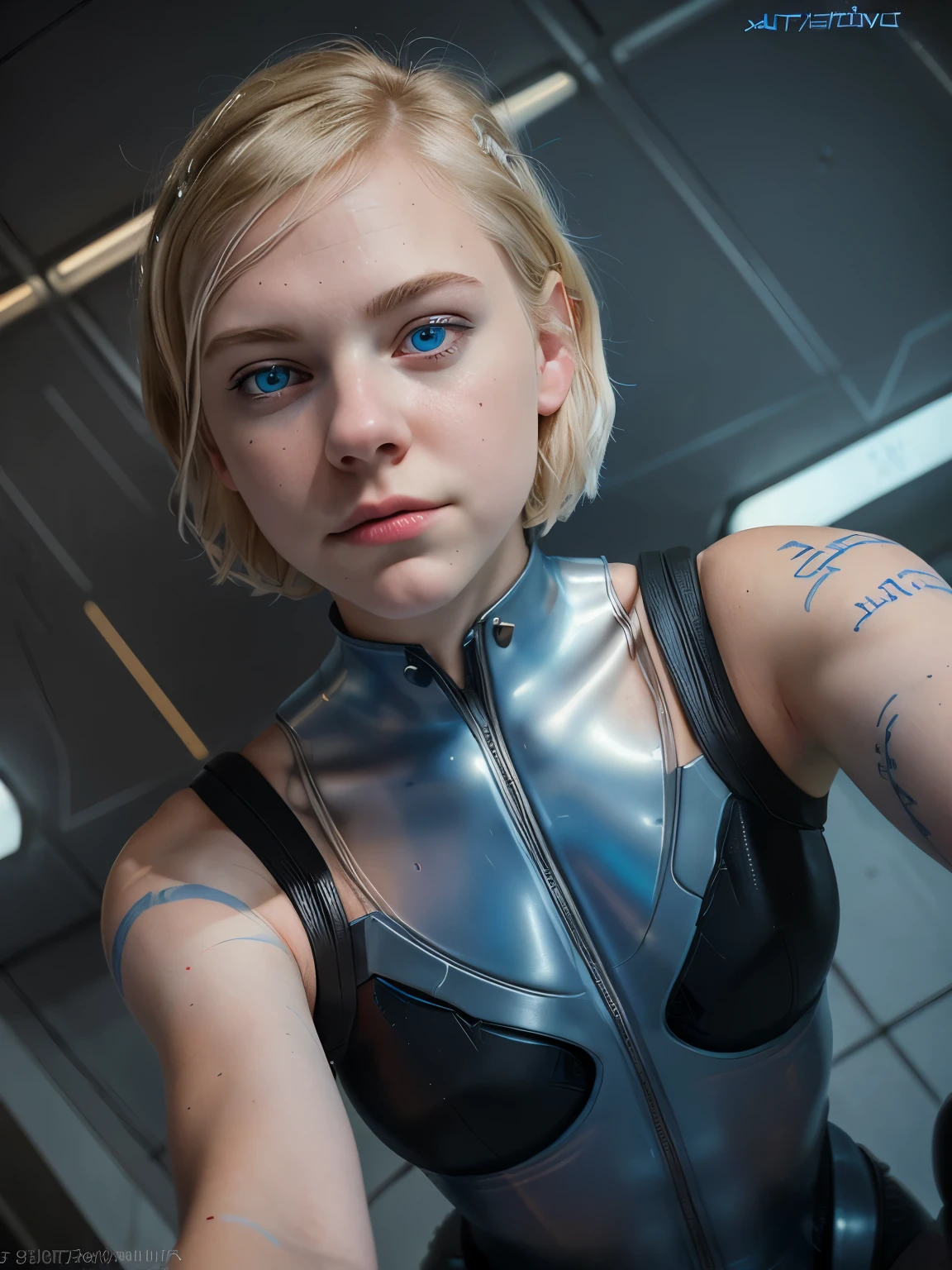 1girl, solo, ((masterpiece)), 17 year old, gwen stacy, animefication, blonde short hair, undercut, asymmetrical hair, selfie, body suit, blue eyes, from above, absurdres, medium breasts, extremely delicate and beautiful, extremely detailed, dimly neon light, graffity art, (best-quality:0.8)