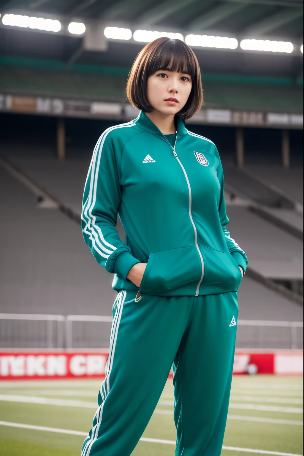 at the track and field stadium, japanese plump lady,((gigantic breasts)), pale skin, droopy eyes, 20 year old, bowl cut hair, ((green Tracksuit)), ((standing)), high quality:1.3, shoot from below 2.0, Professional lighting:2.0 realistic:1.2, 4k resolution, detailed skin, masterpiece:1.1