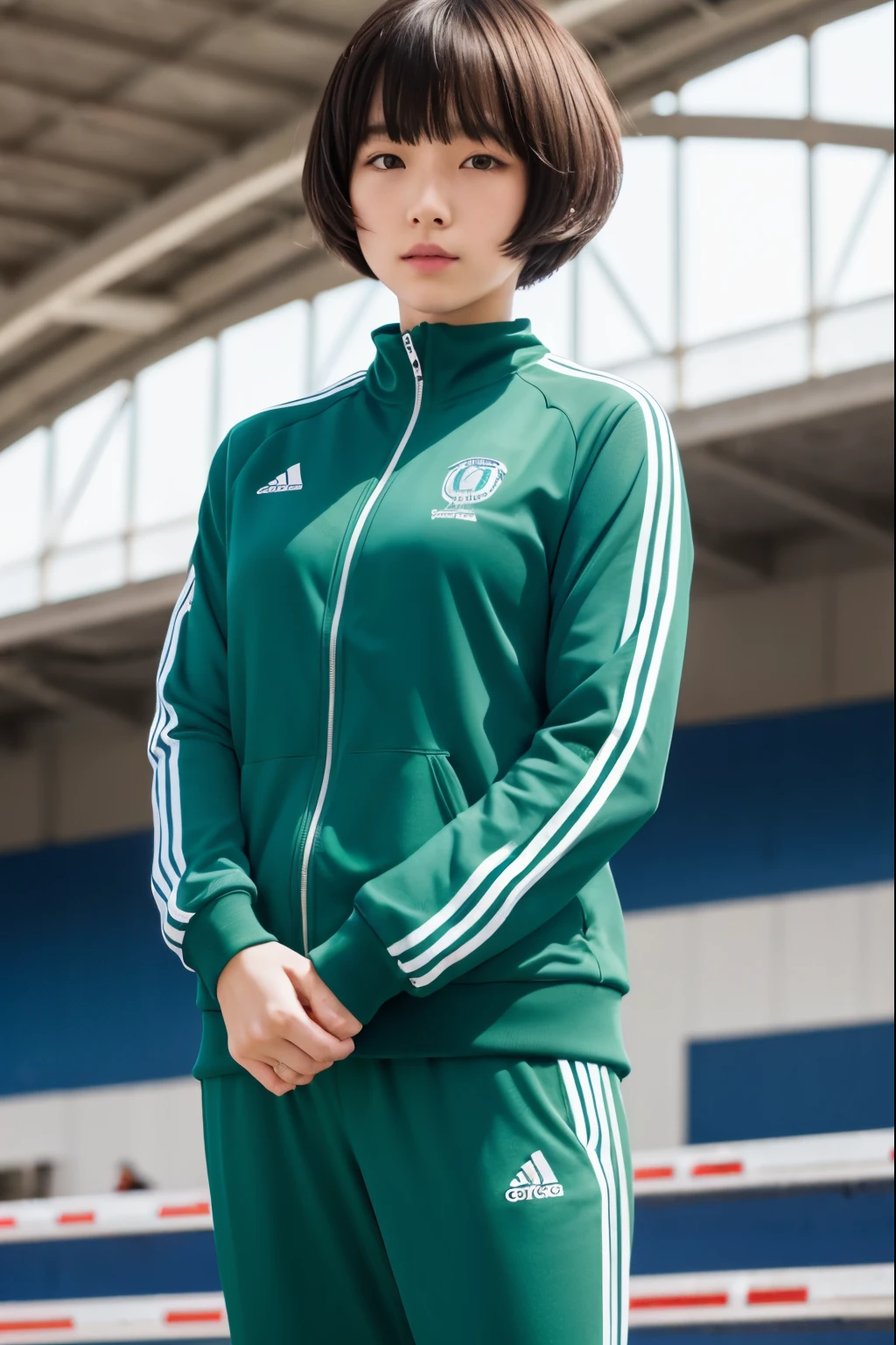 at the track and field stadium, japanese plump lady, pale skin, droopy eyes, 20 year old, bowl cut hair, ((green Tracksuit)), ((standing)), high quality:1.3, shoot from below 2.0, Professional lighting:2.0 realistic:1.2, 4k resolution, detailed skin, masterpiece:1.1