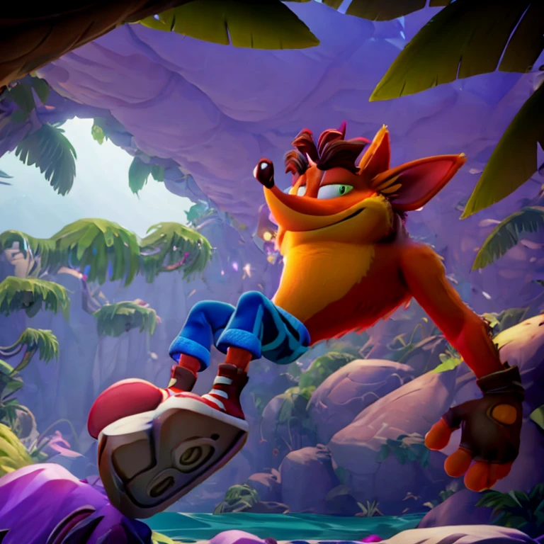 (best quality,4k,8k,highres,masterpiece:1.2),ultra-detailed,(realistic,photorealistic,photo-realistic:1.37),3D rendering, vibrant colors, dynamic lighting, Crash Bandicoot jumping, floating platforms, energetic action, intricate level design, crystal-clear water reflections, lush tropical vegetation, dramatic angles, atmospheric shadows, nostalgia-inducing vibes, stunning visual effects