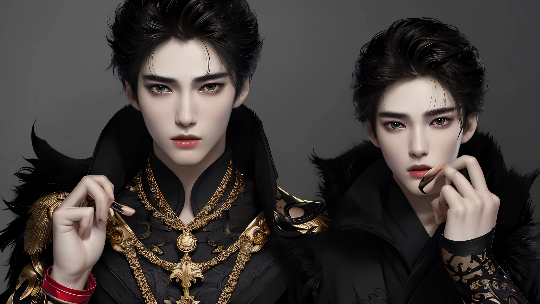 male性1名様1名様, クールな韓国人male性, 20male、Korean style hair、well-groomed face、Handsome nose、Slender, long eyes and cool features、highest quality,dark fantasy,dark,Shadow, important face,大切なmaleの子,Eyes are important,rThe main character of the work,(Upper body), inflammation, Remains, 渦巻くinflammation属性の魔法、High resolution、Mouth details、thin mouth、sexy face、whole body: 1.5, perfect body shape、gold decorations on black costume、Accented with black patterned fabric、Red band cord、Only eyes