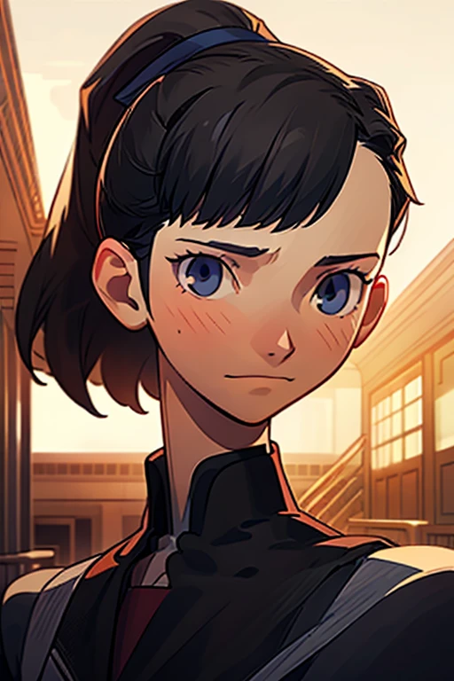 (masterpiece), best quality, expressive eyes, perfect face, ambient lighting, smooth, elegant, featured on pixiv, close-up of a girl inside school hallway, soft expression, slight smile, black hair, ponytail , mature face , tall and slender
