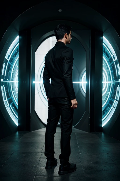 man dressed in black with his back in front of several portals choosing which one will go through, dentro de cada portal tem a imagem de um planeta para o qual ele vai.