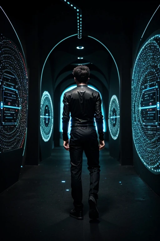 man dressed in black with his back in front of several portals choosing which one will go through, dentro de cada portal tem a imagem de um planeta para o qual ele vai.