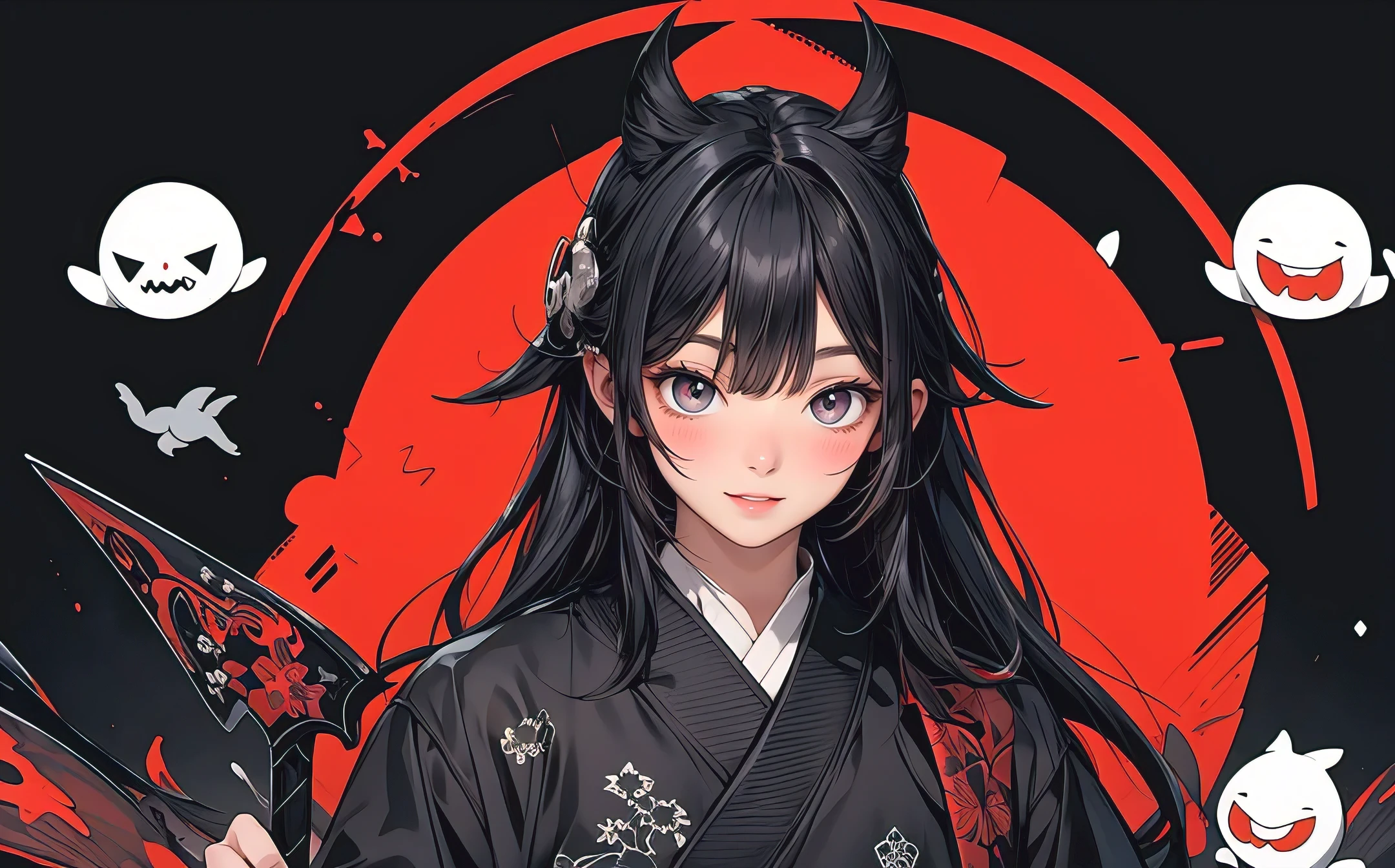 A man, holding a black sickle decorated with Japanese symbols meaning death, a black flame coming out of the decoration, the edges of the sickle come out of it black winds with ghosts of skulls, the best Judy for the face and sickle The man is wearing appropriate clothes of sickle steel, the man's hair is black, the man is the embodiment of the shinigami, (the background of the CG 8k module is very detailed) (best quality), (best illustration), (best shades), very detailed t