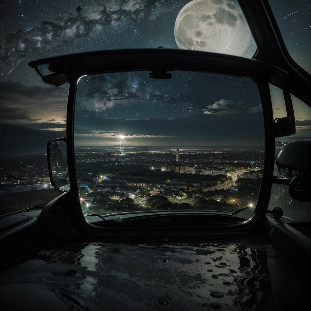 Looking into wing mirror, that has drops of water on it.,I can see a city being enveloped by a mushroom cloud, beyond the mirror, I can see a winding road. It is night time and the milky way is clearly visible as well as the moon, looming large to the left hand side, the whole image has a gothic vibe about it
