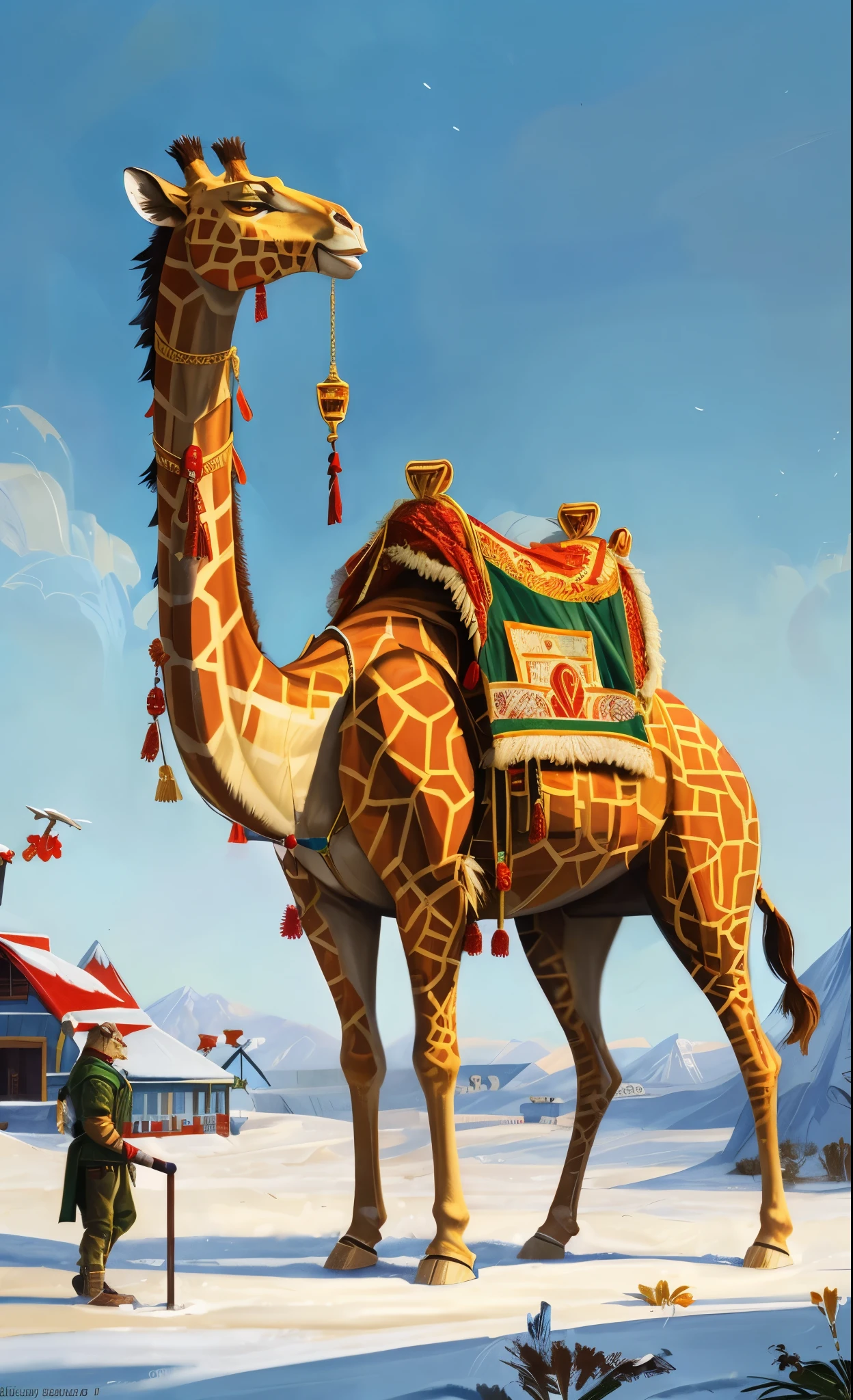 painting of a man, стоящего рядом с camel-giraffeом с рождественским украшением на нем, Sergey Kolesov, inspired by Jean-Léon Jérôme, beautiful high quality painting, Alexander Gine, Krzysztofshev Bogusky, Wojtek fus, Sergey Kolesov концепт-арт, by Jesper Eising, camel-giraffe