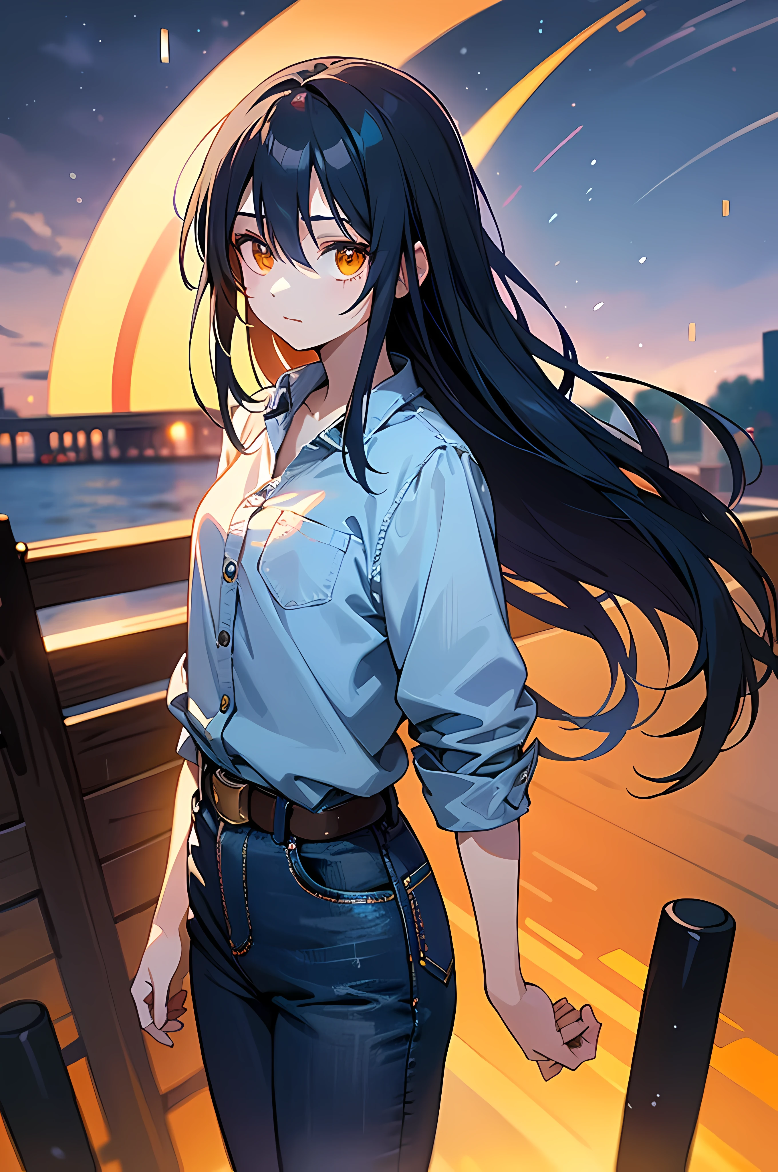 (8K Ultra High-Quality) (Masterpieces) (Image) (人物: Rimuru) 1 Girl , Long Black hair, Orange eyes colors, wearing Jean Shirt, wearing Blue Jean with cowboy belt, background in park, mysteries face looking at viewer.