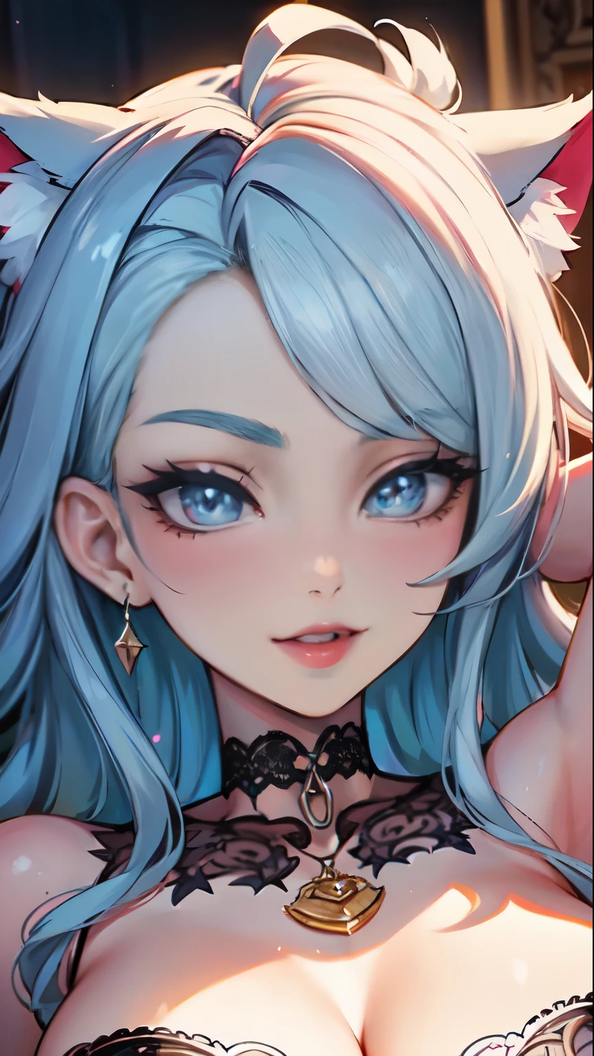 Nsfw, Masterpiece, beautiful art, professional artist, 8k, art style by sciamano240, very detailed face, very detailed hair, 1girl, perfectly drawn body, beautiful face, long hair, light blue hair , very detailed blue vertical cat eyes, pouty lips , rosey cheeks, intricate details in eyes, close up on face, looking straight at viewer , topless, in love with viewer expression , black choker, cheerful smile, , light make up , wedding ring , lipstick, wink, hands behind head,