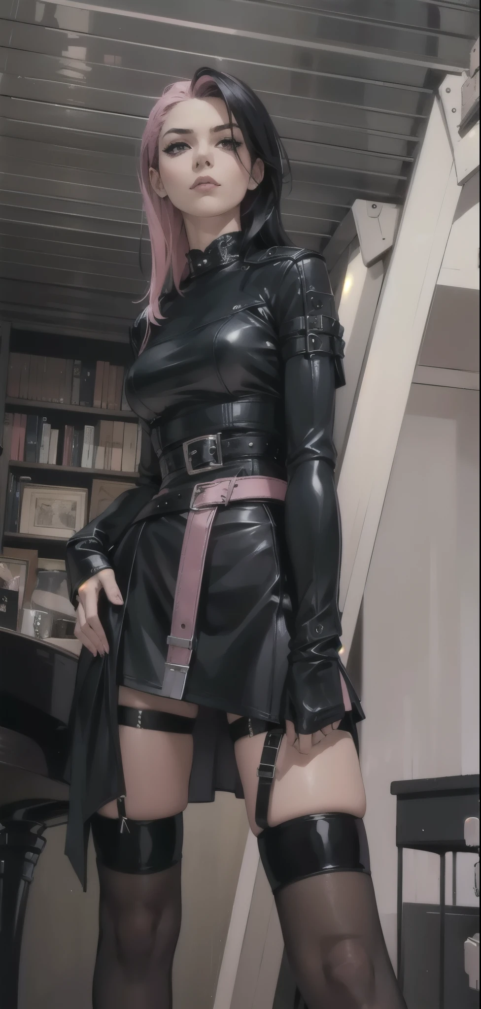 Ultra-realistic 8k CG,masterpiece,best quality,(photorealistic:1.4),absurdres,HDR,RAW photo,(film grain:1.1),Bokeh,((Depth of field)),raytracing,detailed shadows,1 girl,(extra long hair),(sexy_nun:1.2),(looking at viewer:1.2),(nun dress:1.3),(evil smile:1.2),(long blond hair slicked back:1.2),black veil,((black leather pants)),navel,((nsfw:1.3)),(hair_bow:1.2),(black long sleeves),((pubic tattoo:1.2)),(high heels:1.3),((black trenchcoat:1.2)),sexy lingerie,cold expression,dark makeup,(rain:1.2),futuristic cityscape in the rain,cyberpunk city background,cybernetic enhancements,staring at camera with cold look,messy hair,<lora:Sexy_Nun:0.6>,<lora:add_detail:0.8>,