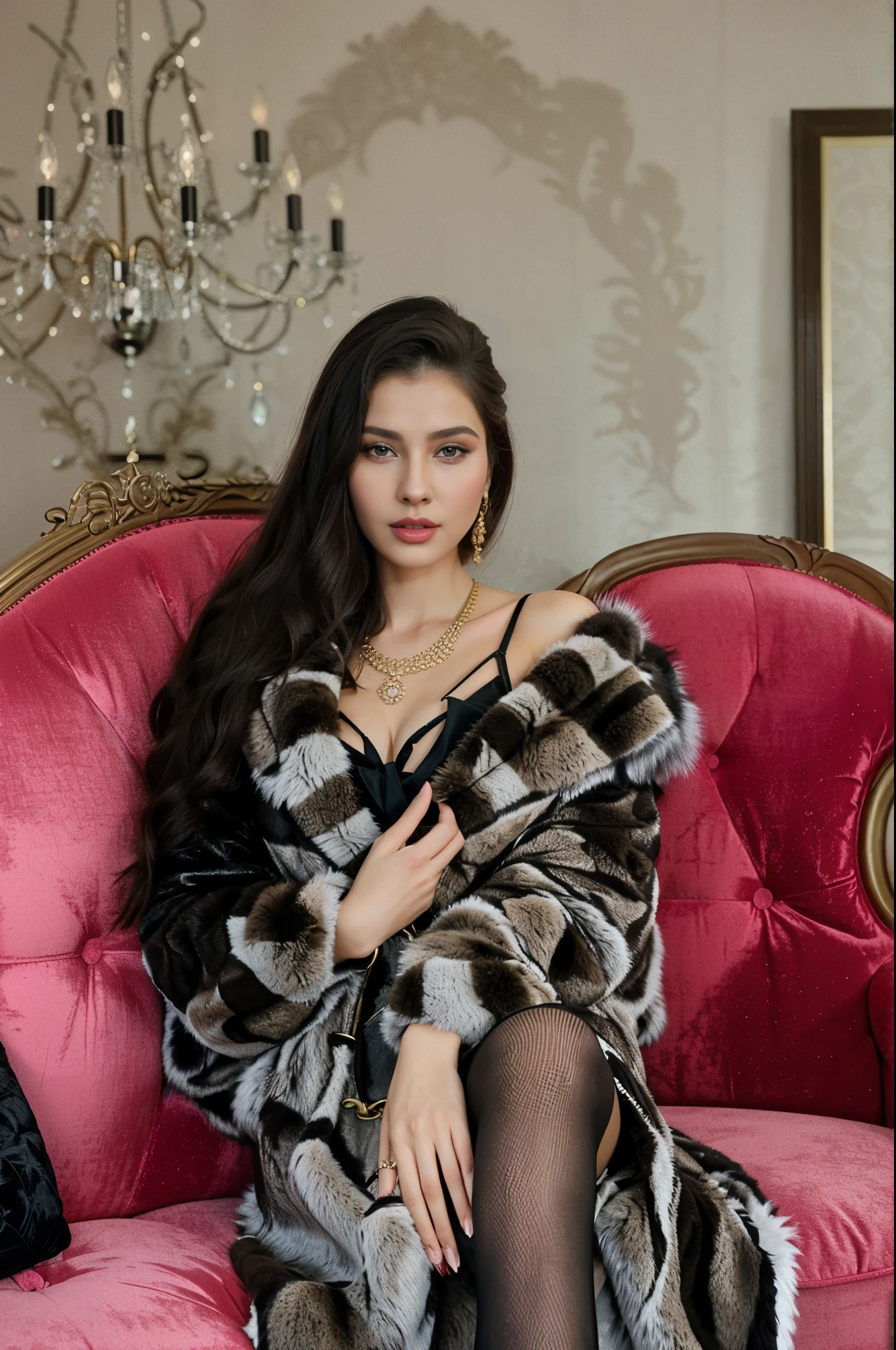 araffe sitting on a pink couch with a fur stoler, wearing a luxury fur coat, anastasia ovchinnikova, style of julia razumova, alina ivanchenko, elegant lady, ekaterina, olga buzova, gorgeous woman, julia gorokhova, anna nikonova, seductive lady, elegant woman