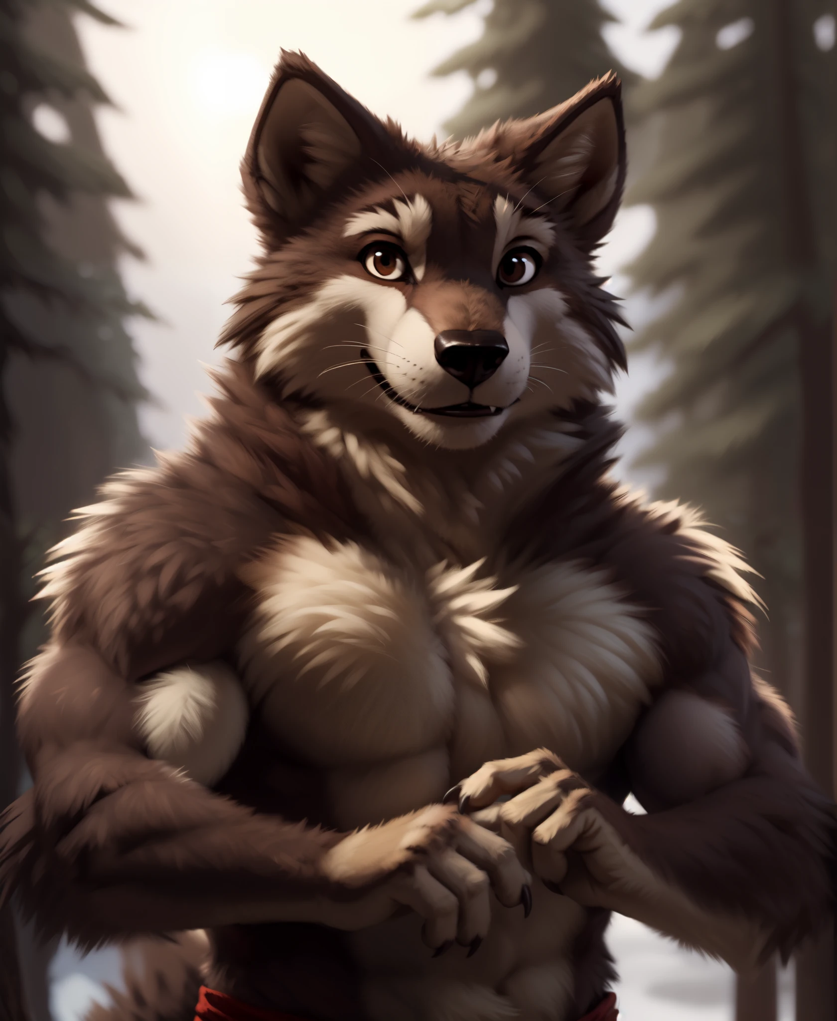 by kenket, by totesfleisch8, (by thebigslick, by silverfox5213:0.8), (by syuro:0.2),, brutus-twokinds, twokids, (best quality, masterpiece:1), solo, furry male anthro, dark brown eyes, light brown fur, dark brown fur, two tone brown body ,portrait, fingers, finger claws, looking at viewer, wolf tail, strong, (outdoors dark forest trees blurry blurred background:1.1),