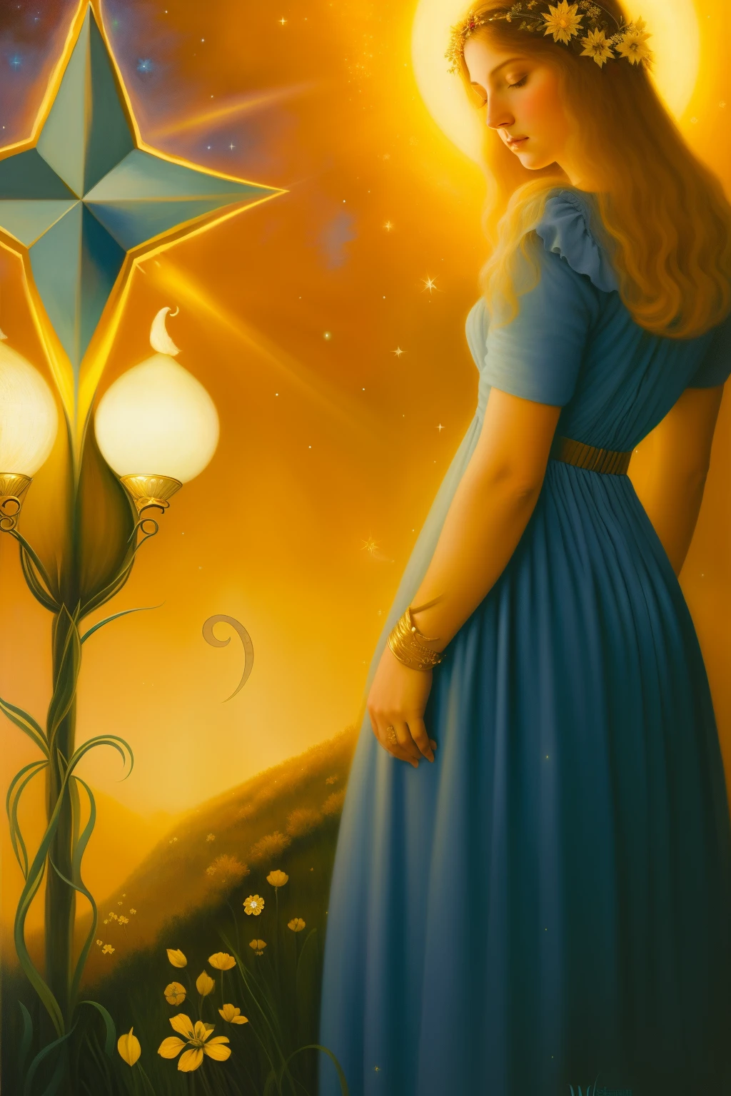 painting of a woman in a blue dress standing in a field, the star tarot card, pintura barroca. sky illuminated by stars, inspirado em Ruth Sanderson, the morning star, um anjo da luz do amanhecer, O Divino Feminino, Direction: Jean Delville, brilhando sua luz entre as estrelas, inspirado em James C. Christensen, Mystical Art, Deusa da Luz, inspirado em Jane Small