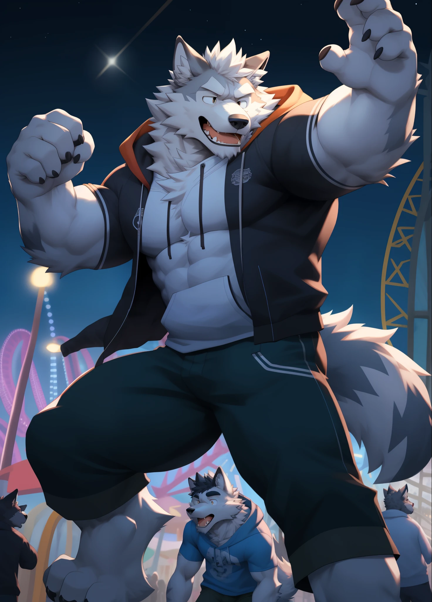 hairy,((Wolf,white hoodie)),white fur,male,Common,((极其lifelike阴影,masterpiece,Very detailed,lifelike)),
((Cat)),Physical man,dynamic poses,dark night,amusement park,Blink in the right eye