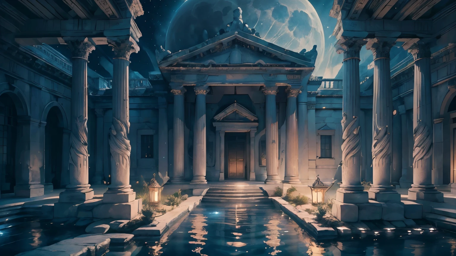 (best quality,4k,8k,highres,masterpiece:1.2),ultra-detailed,(realistic,photorealistic,photo-realistic:1.37),pool bath in greek temple,moon shining,magnificent temple,sparkling water,golden pillars,beautiful night sky,reflections of moonlight,shimmering pool surface,calm and serene atmosphere,architectural details,imposing columns,marble statues,ethereal blue color palette,soft moonlight illuminating the scene,romantic ambiance