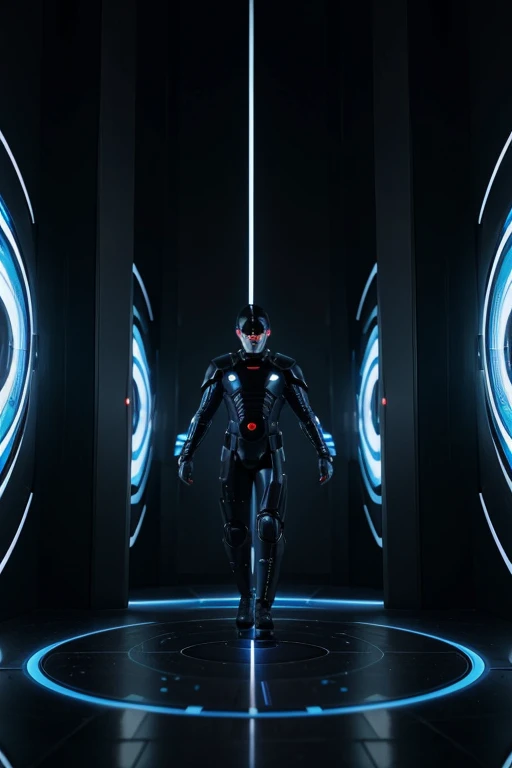 man on his back dressed in a futuristic black outfit in front of multiple portals choosing which one he will go through and inside each portal there is the image of a planet he is going to.