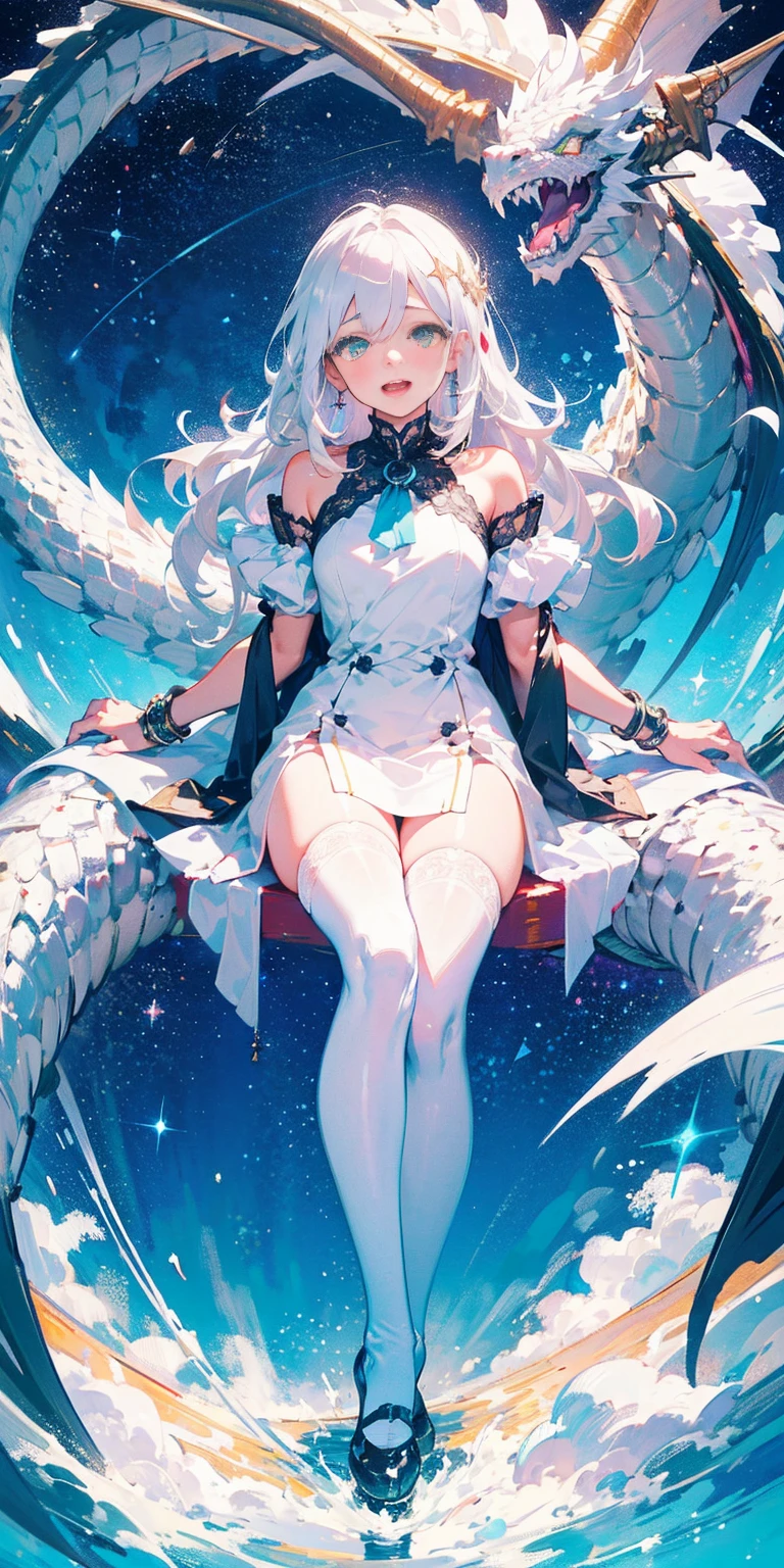 Bright cyan eyes, Long white hair, Green-eyed white dragon, teens girl, Twinkling starry sky galaxy as background, gentle, White lace-trimmed stockings, Black leg ring, Silver white neck ring, estrus, orgasm, pink love eyes