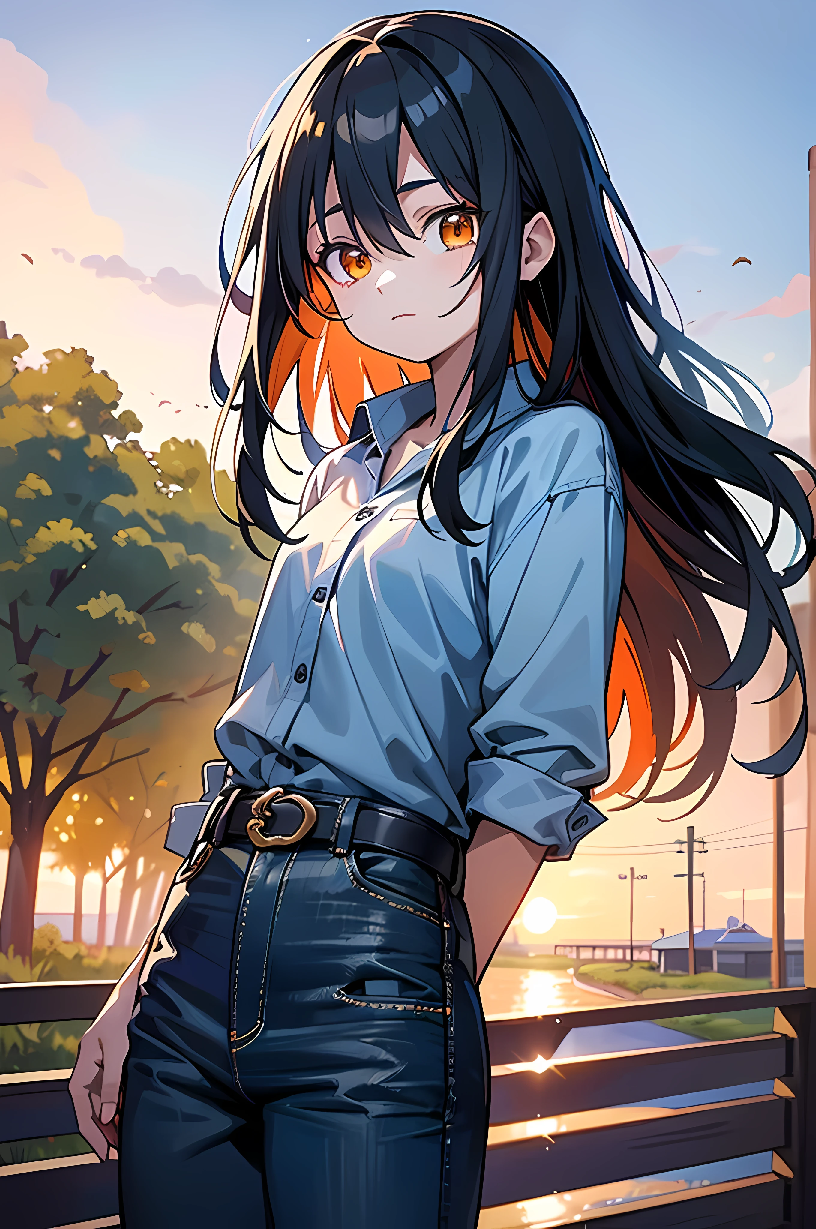 (8K Ultra High-Quality) (Masterpieces) (Image) (人物: Rimuru) 1 Girl 17years old, Long Black hair, Orange eyes colors, wearing Jean Shirt, wearing Blue Jean with cowboy belt, background in park, mysteries face looking at viewer.