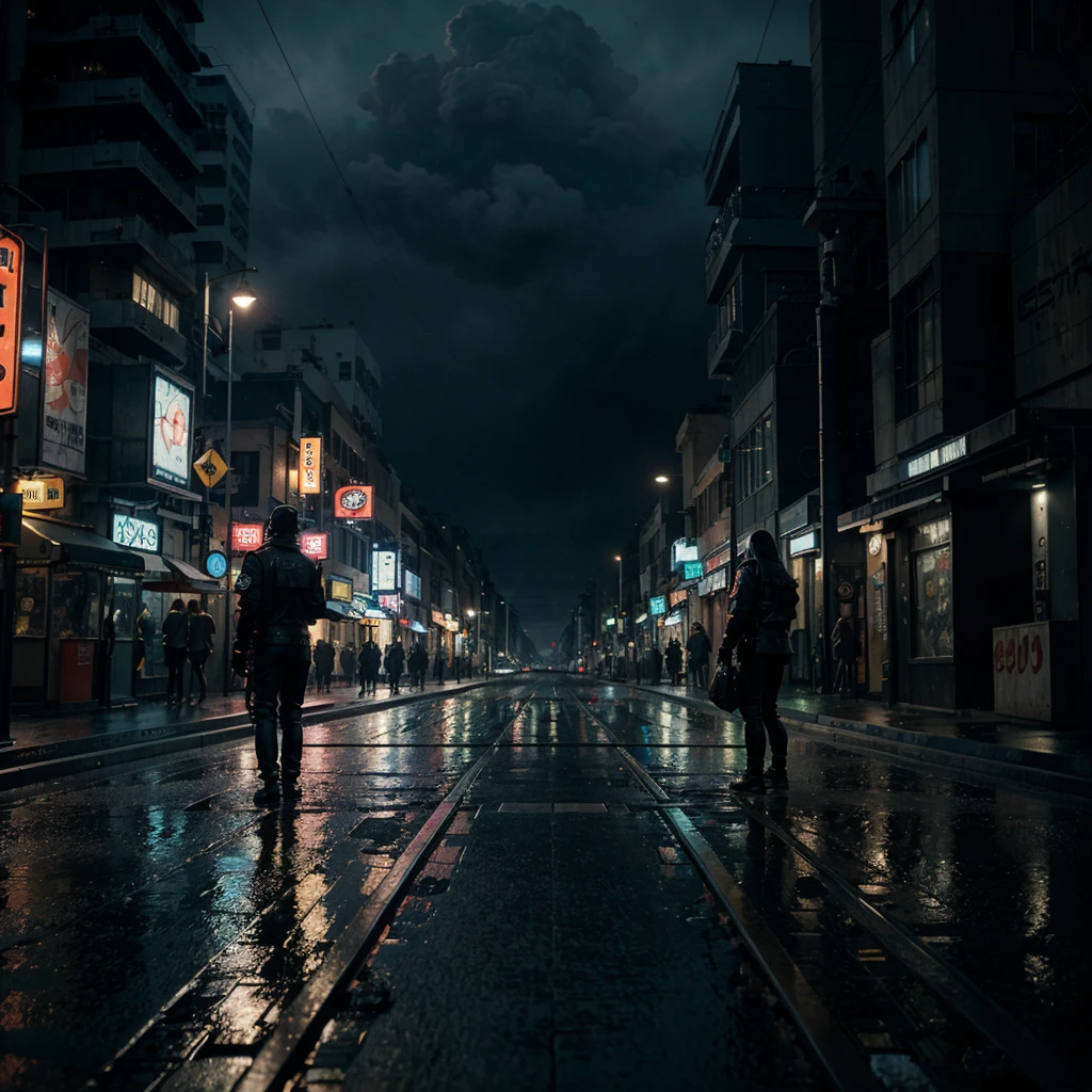 A street in city, cyberpunk, robots, rain, night, tram, future, atmospharic sight, cinematic lights, movielook, ((high quality)), ((best quality)), ((realistic)),