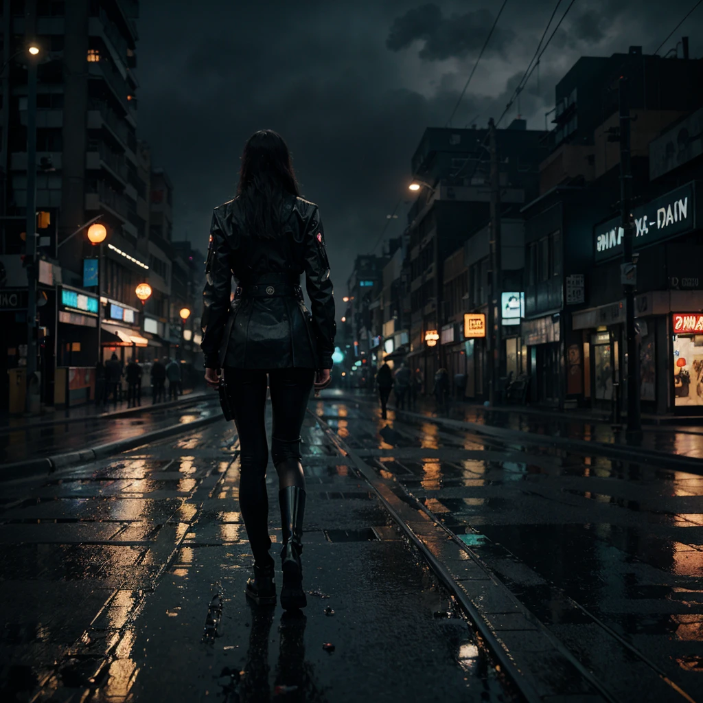 A street in city, cyberpunk, robots, rain, night, tram, future, atmospharic sight, cinematic lights, movielook, ((high quality)), ((best quality)), ((realistic)),