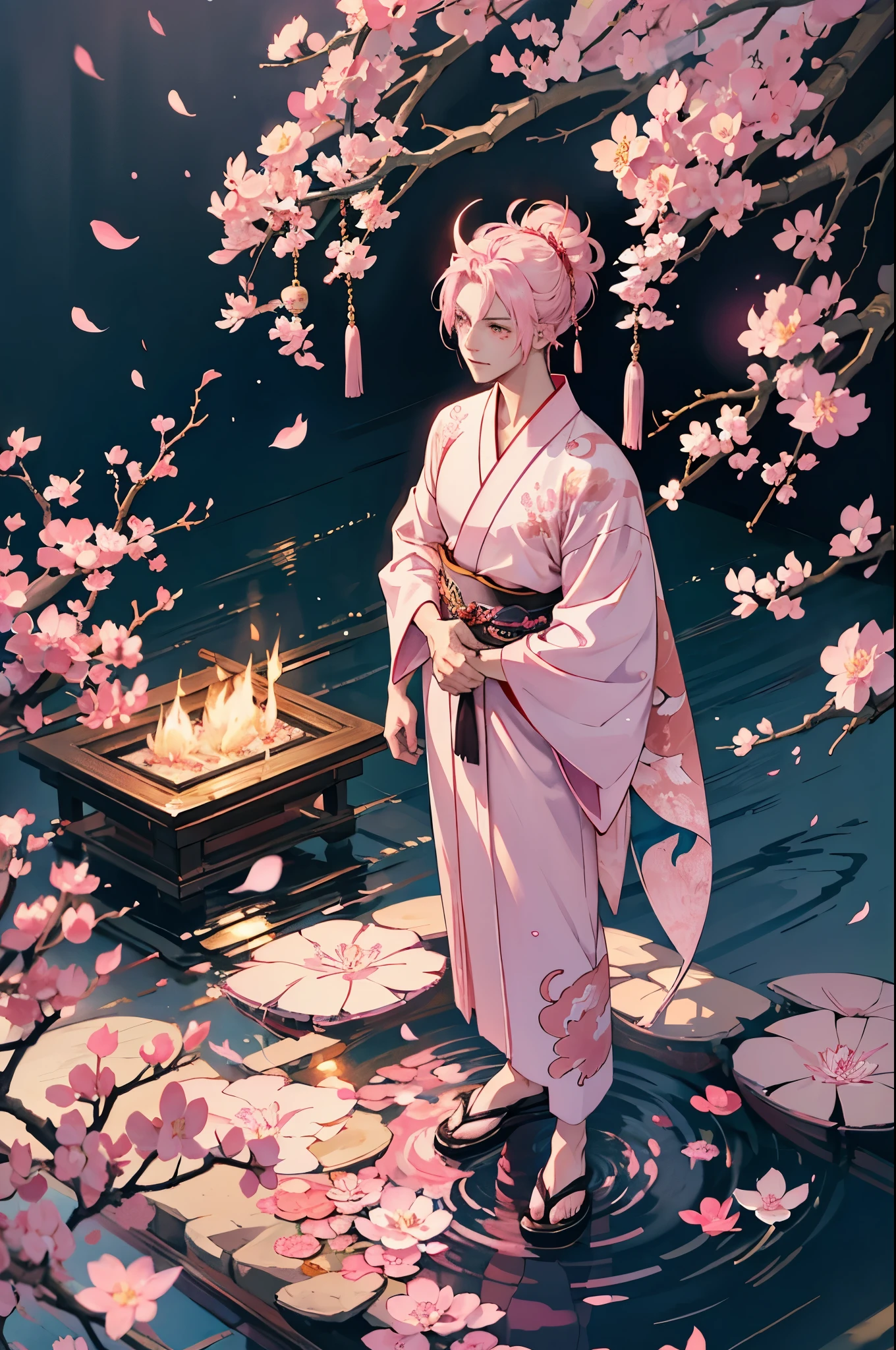 pink,Japanese dragon man,sakura tree branches as horns,sakura petals,open chest white and pink kimono,standing,sakura tree,koi fish pond,dragon scales,golden scales,serene expression,traditional Japanese anime art style,soft pastel colors,ethereal lighting