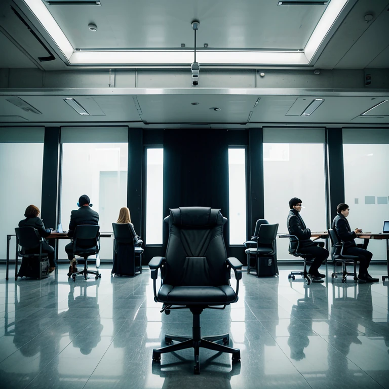 Special chair in big space, science-fiction, and blue white wall, glass window, seeling high, science fiction ground center chair, sci-fi chair , advance and sifi, black and long coat Hacker on chair, face masked, smart boy, hacker team on chair background, with 6 hackers on chair black side .. clean and simple place, leader on chair but left and right team without chair