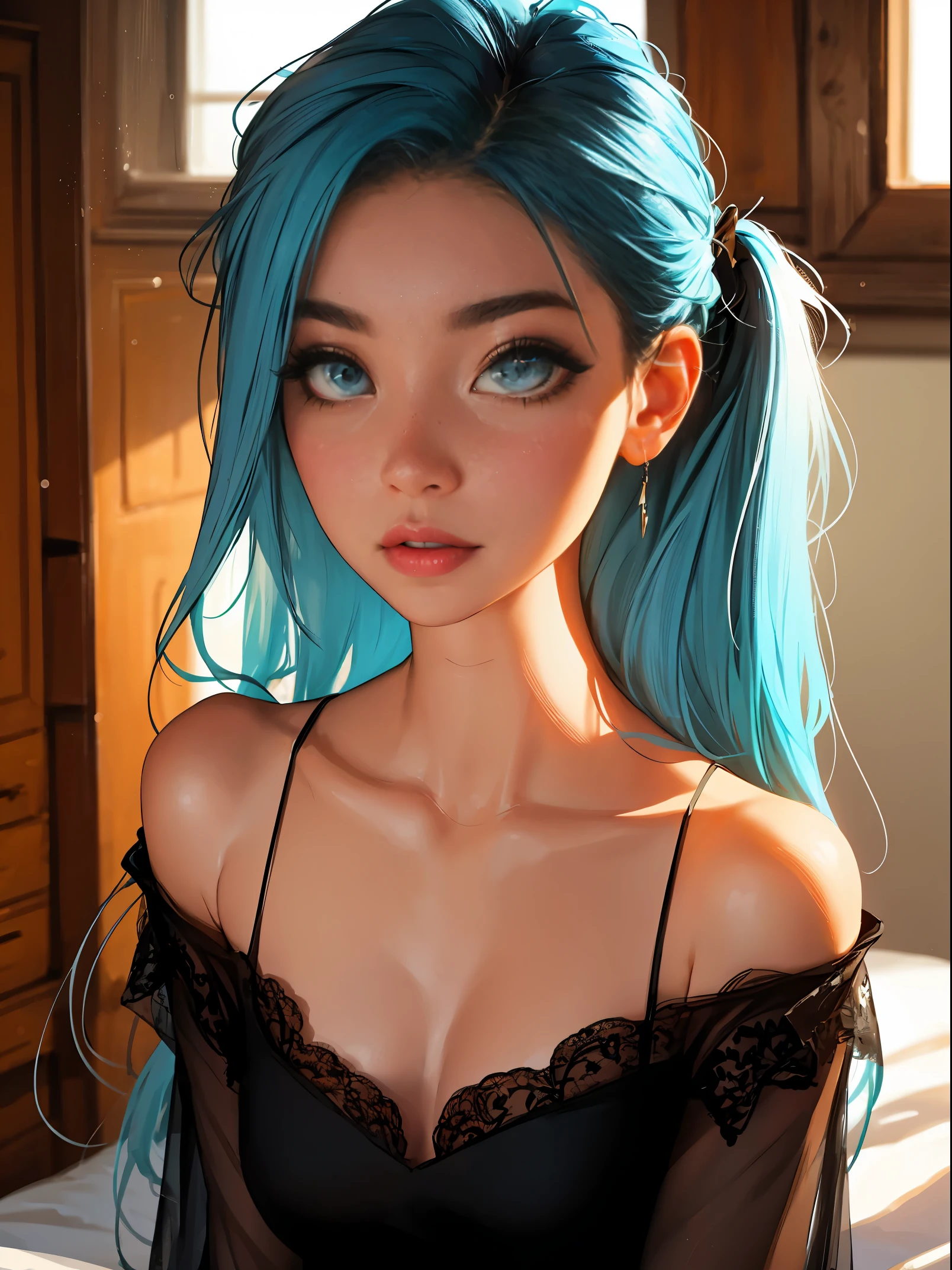 margaritablankenheim, margarita blankenheim, aqua eyes, aqua hair, long hair, twintails, BREAK aqua dress, bare shoulders, clothing cutout, collarbone, dress, frilled dress, frills, long dress, shoulder cutout, wide sleeves,
BREAK cowboy shot, looking at viewer,
BREAK indoors, bed,
BREAK (masterpiece:1.2), best quality, high resolution, unity 8k wallpaper, (illustration:0.8), (beautiful detailed eyes:1.6), extremely detailed face, perfect lighting, extremely detailed CG, (perfect hands, perfect anatomy),