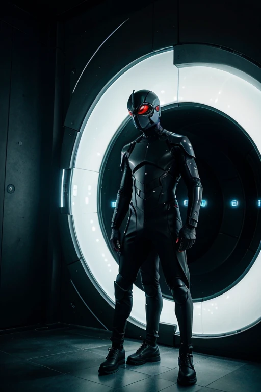 man dressed in a futuristic black outfit in front of multiple open portals waiting, Inside each portal there is a random image of the dimension corresponding to that portal