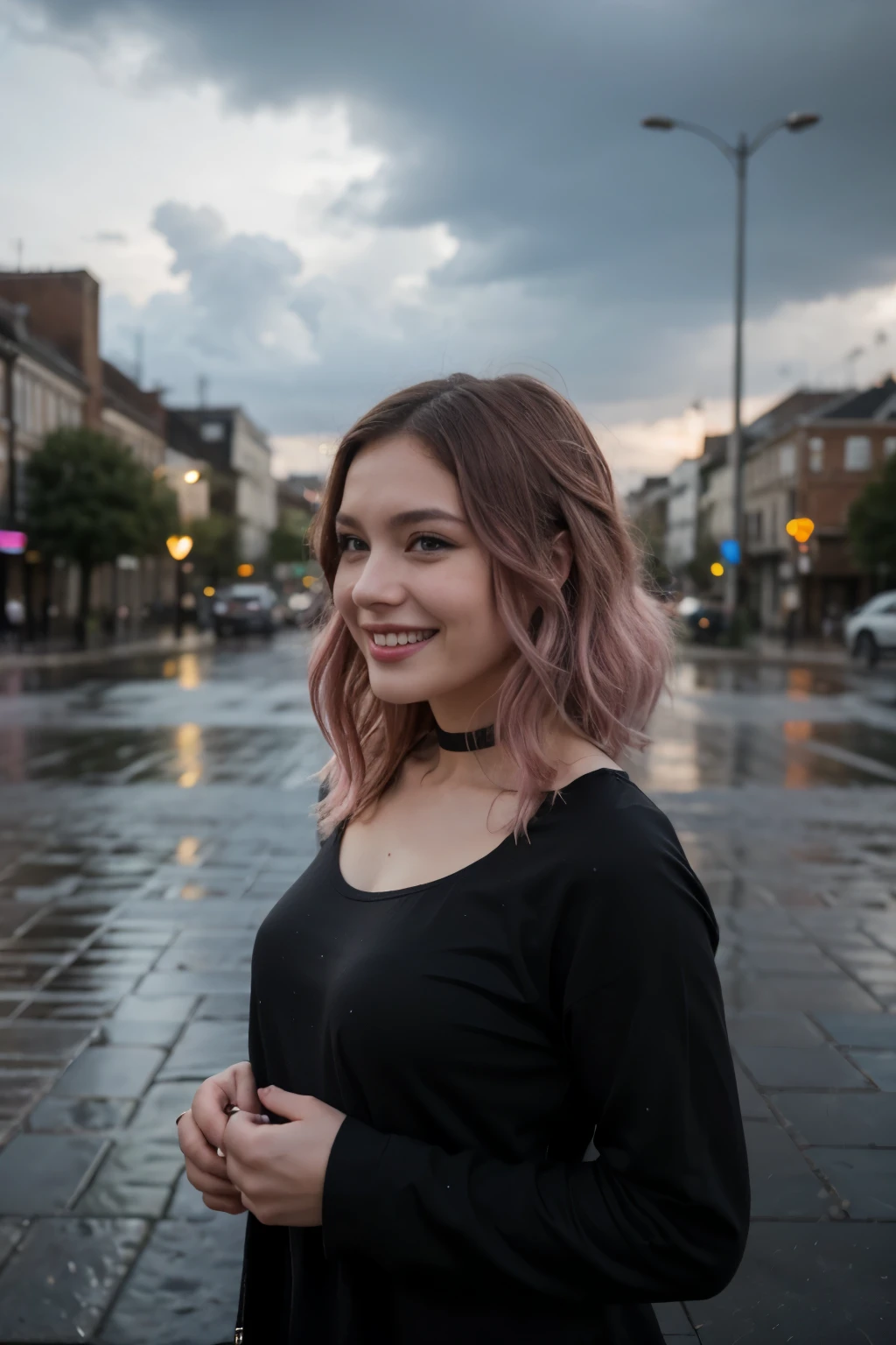 30 year old woman, with a young appearance, in the square (alone) singing, with an expression of joy (smiling), while it rains, in a cloudy and dark storm (without much traffic), with black clothes( Qualidade Superior, super definition, High definition)) pink hairs